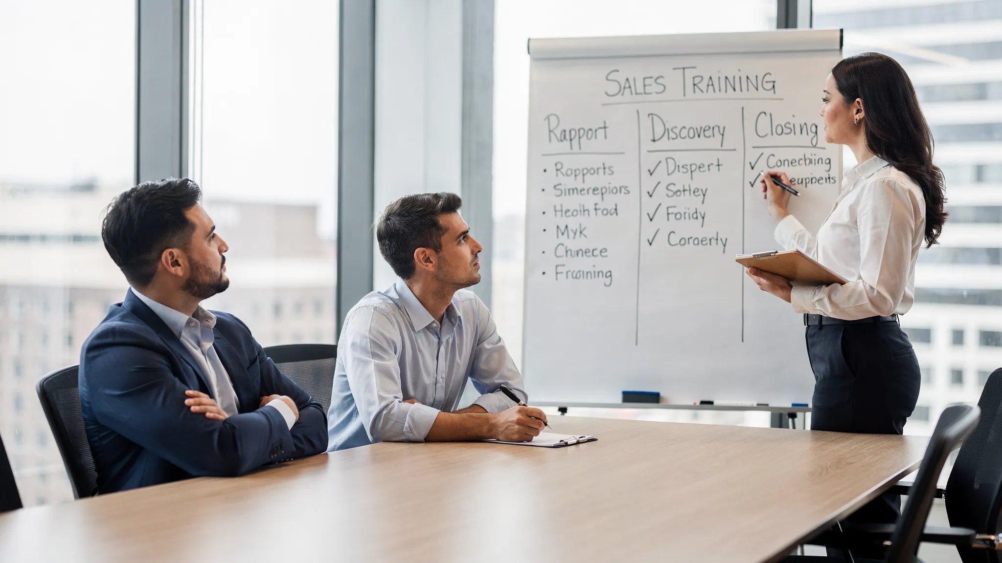 A small sales training group in a meeting room practicing a roleplay, with one person acting as the customer, one as the rep, and a facilitator taking notes on a whiteboard showing a simple rubric.