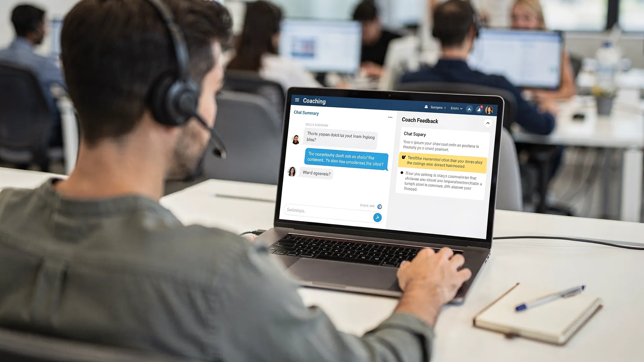 A customer support agent practicing an AI roleplay scenario on a laptop in a modern contact center. The agent reviews a simulated chat summary and policy citation, with a coach’s feedback visible on the side. The laptop screen is oriented correctly and no content is shown behind the screen.