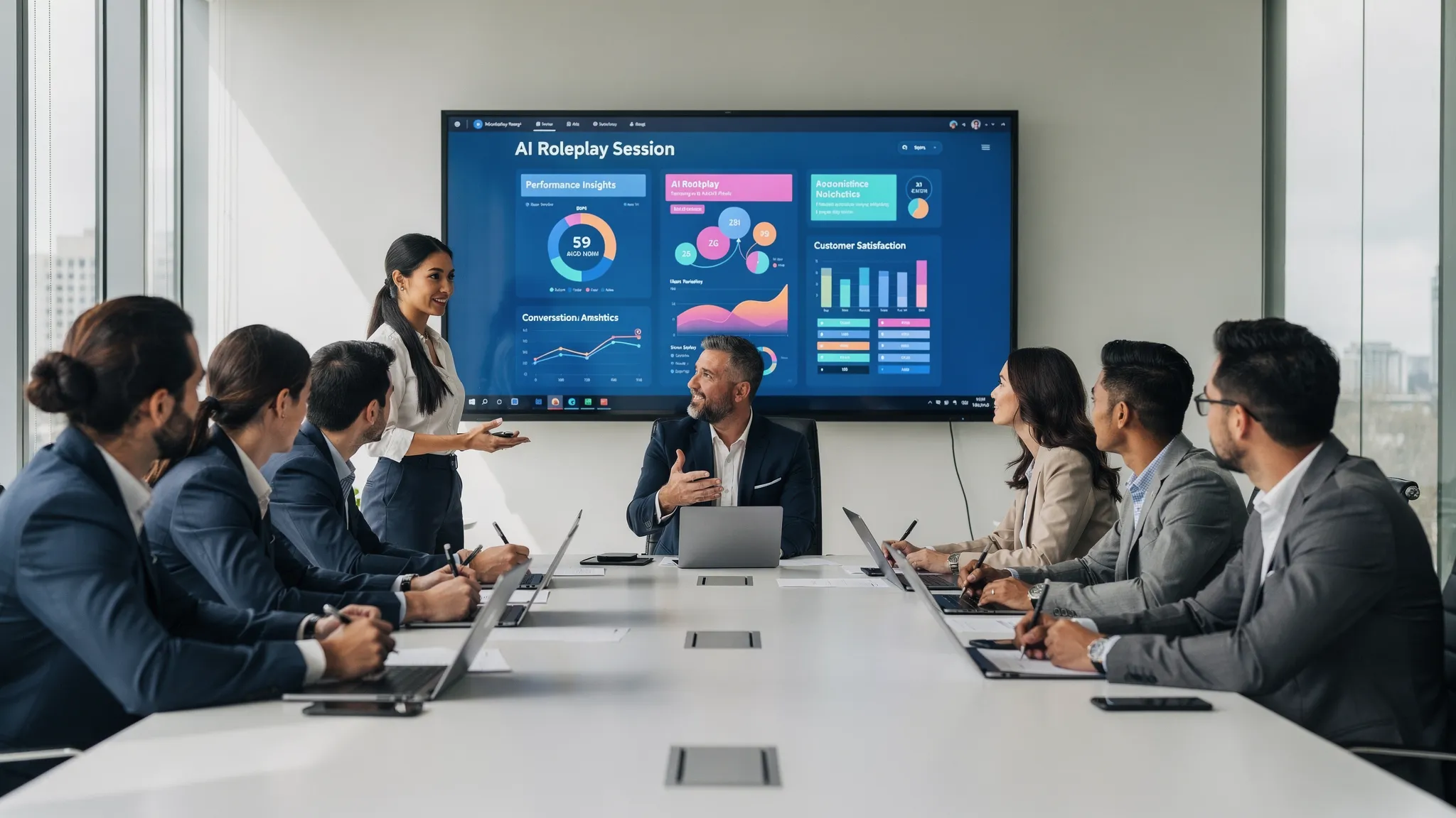 A diverse sales and customer service team practicing AI roleplay training in a modern training room, with one participant speaking while others observe and a facilitator reviews performance insights on a clearly visible screen facing the group.