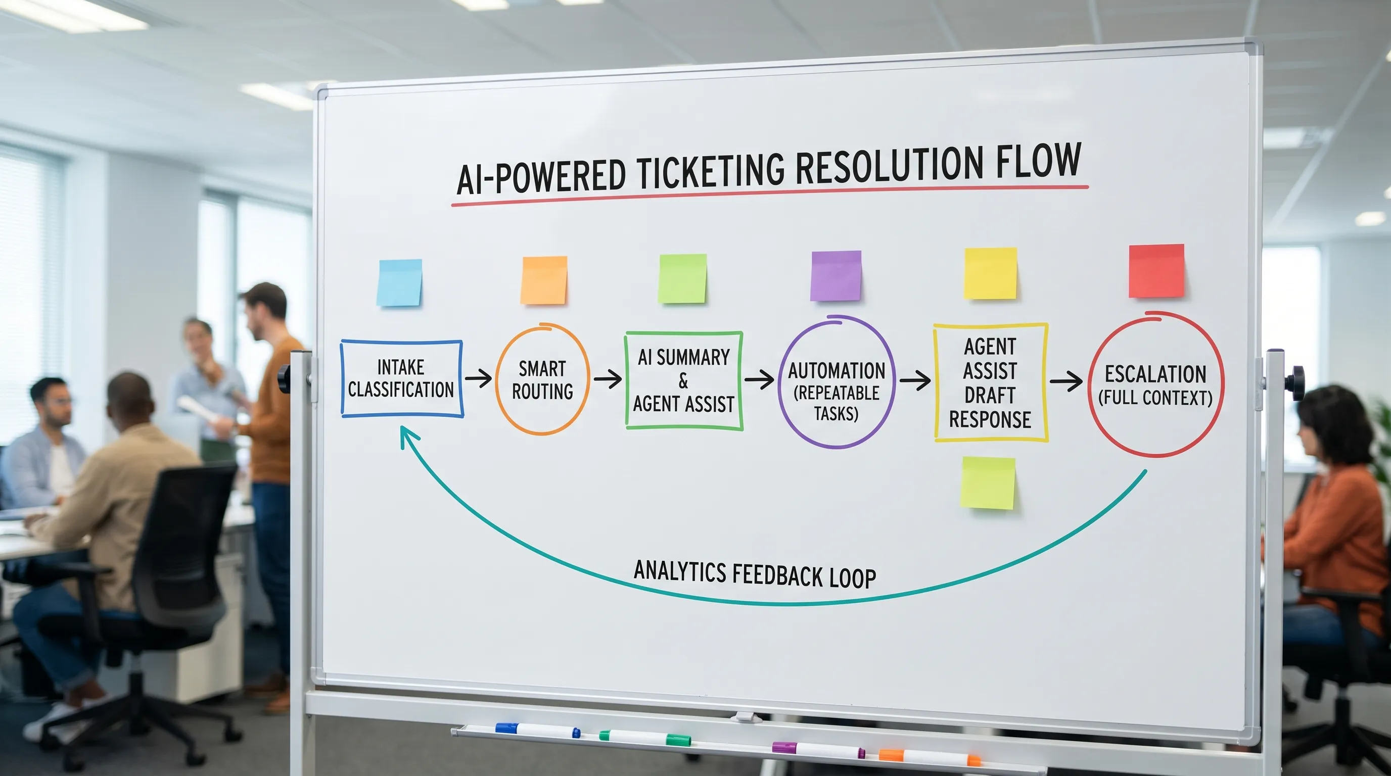 Flow diagram showing how an AI ticketing system accelerates resolution: intake classification, smart routing, AI summary, agent assist draft response, automation for repeatable tasks, escalation with full context, and analytics feedback loop.