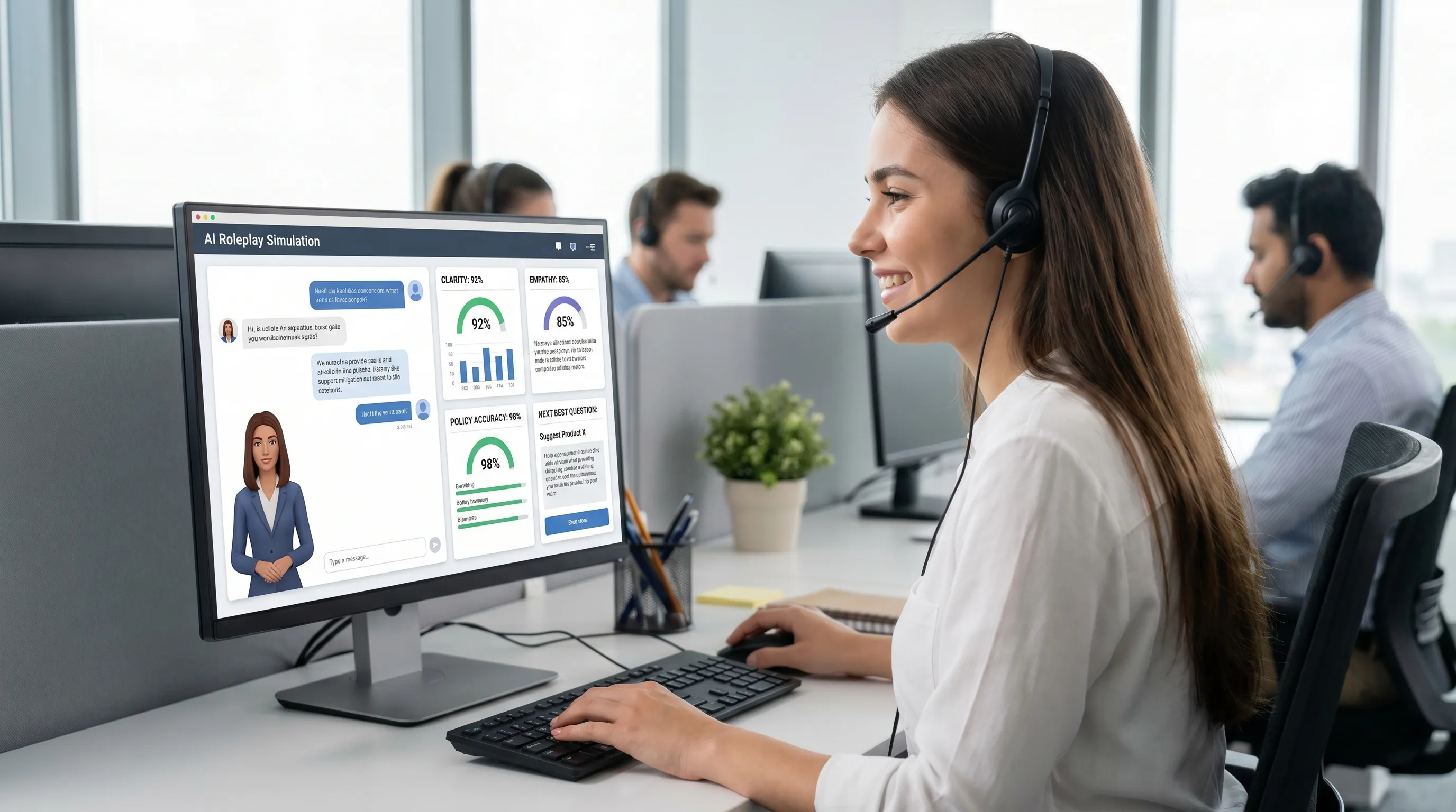 Illustration of a support agent practicing customer scenarios in an AI roleplay training platform, with panels showing feedback on clarity, empathy, policy accuracy, and next best question prompts.