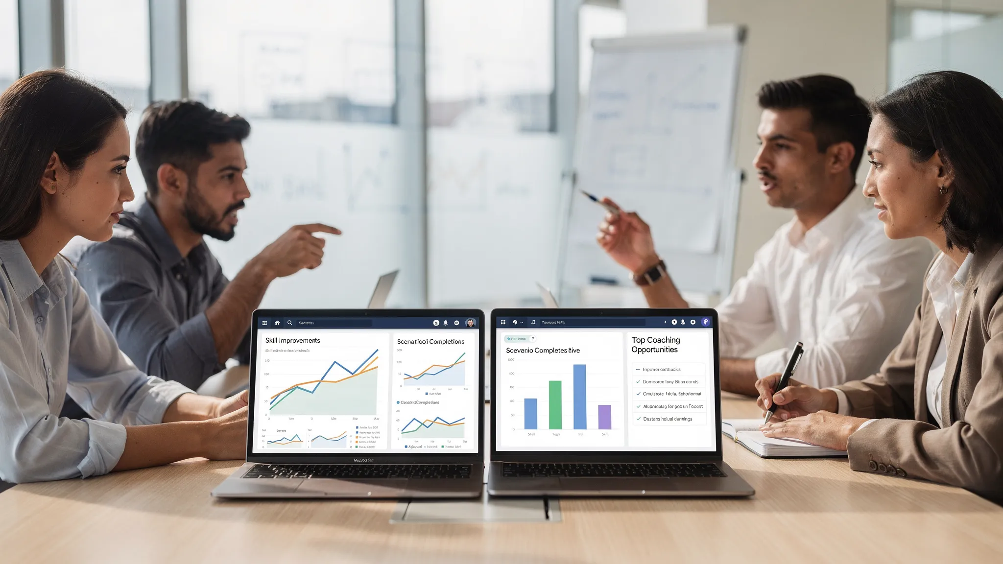 A sales and service enablement team reviewing a training analytics dashboard together in a meeting room, with charts showing skill improvement over time, scenario completion rates, and top coaching opportunities. The laptop screens face the viewer and show simple, generic graphs with no brand logos.
