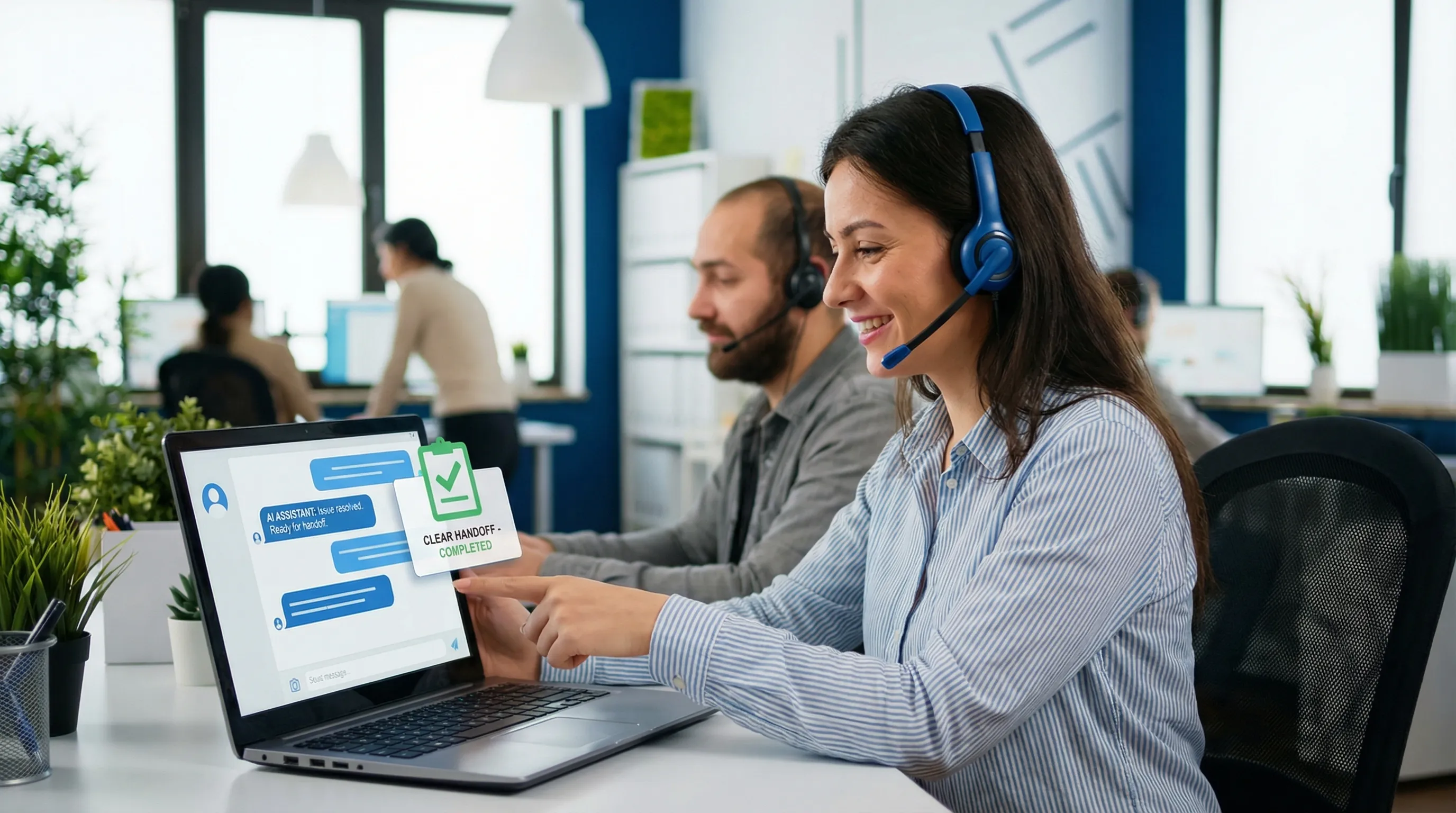 Customer support agent wearing a headset collaborating with an AI assistant represented as chat bubbles and a simple checklist, emphasizing quick issue resolution and clear handoff.
