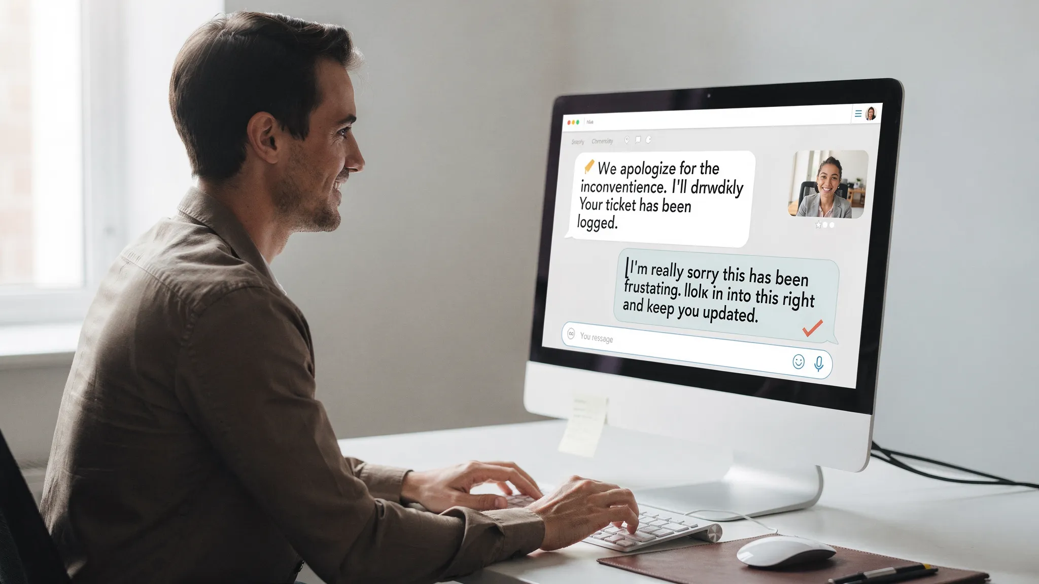 A customer support agent at a desk speaking with a customer via chat, with visible speech bubbles showing a “scripted” response being edited into a clearer, more empathetic, action-focused message. The scene emphasizes human warmth, clarity, and ownership in customer service tone.