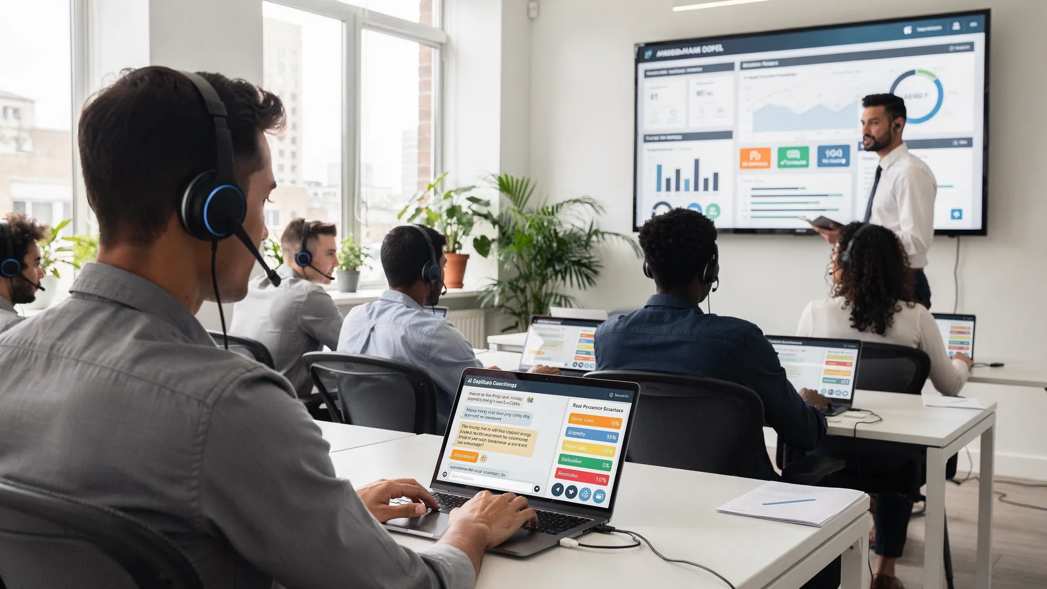 A modern customer service team practicing with an AI roleplay simulator on laptops and headsets. The screen shows a simulated angry customer transcript on the left and real-time coaching feedback on the right, plus a performance dashboard with empathy, compliance, and resolution scores. The office is bright and collaborative, with a manager observing and reviewing analytics on a wall display.
