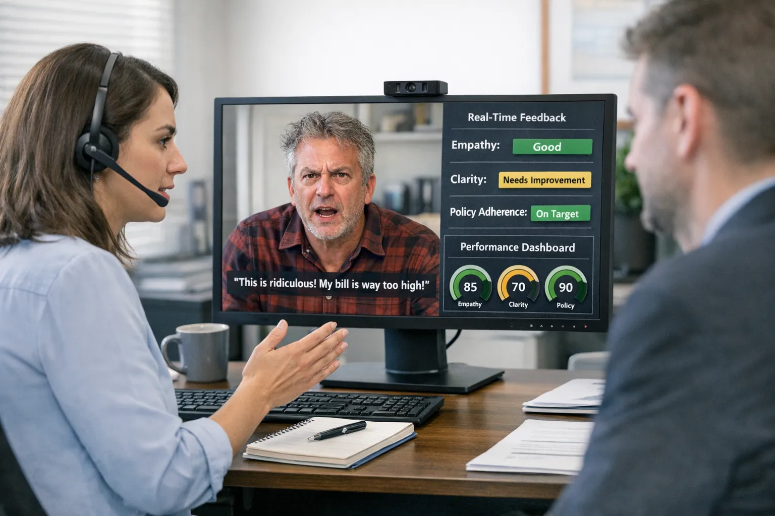 An AI roleplay training session where a customer service representative practices handling an irate customer about a billing error. The screen shows real time feedback on empathy, clarity, and policy adherence, with a progress dashboard in the corner.