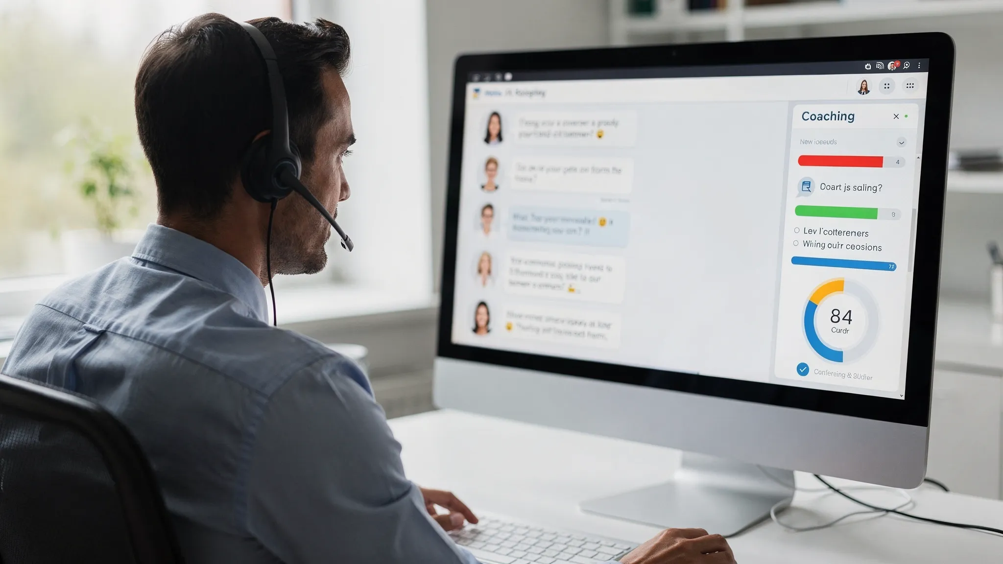 A sales representative practicing a realistic customer conversation in an AI roleplay environment before joining a live call, with coaching notes and confidence indicators visible on the screen facing the rep.