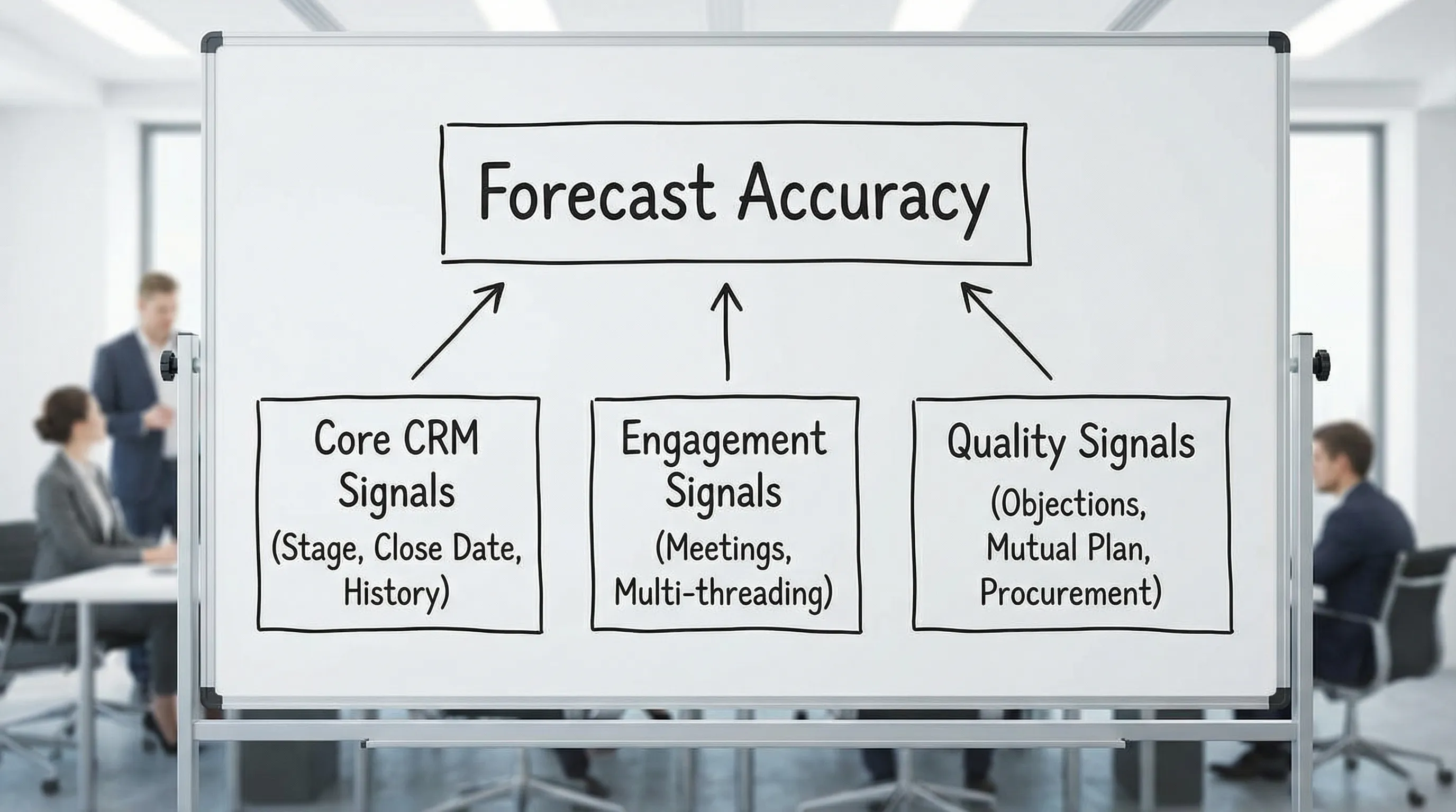 A simple layered diagram showing “Forecast Accuracy” at the top, supported by three layers of signals: core CRM signals (stage, close date, history), engagement signals (meetings, multi-threading), and quality signals (objections, mutual plan, procurement).