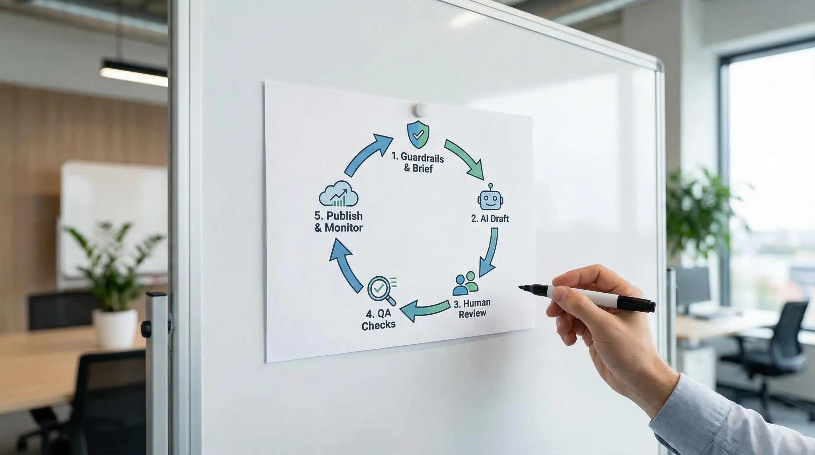 Simple diagram showing an AI content workflow with five steps in a loop: Guardrails and brief, AI draft, Human review, QA checks, Publish and monitor.