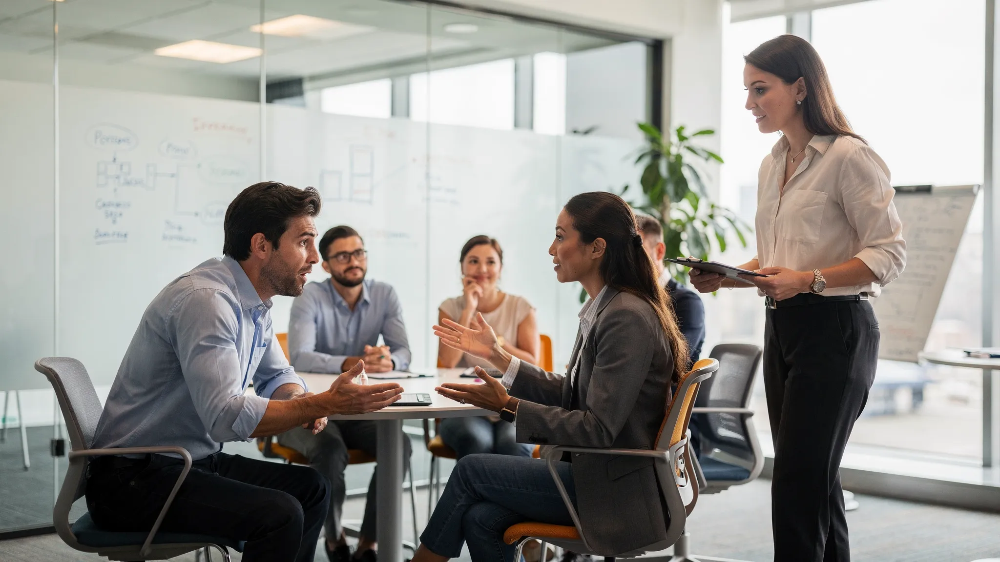 A sales or service team practicing a difficult customer conversation in a modern training room, with one person roleplaying a frustrated customer and another practicing calm response skills while a coach observes.