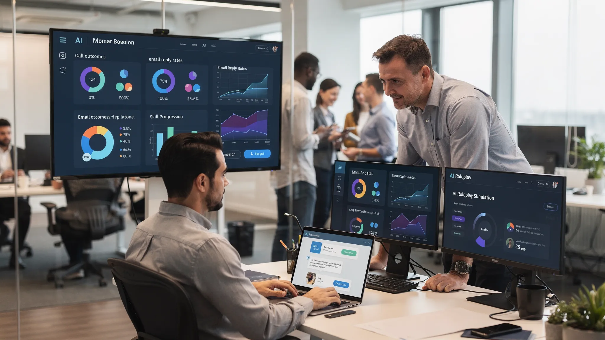 A modern sales floor with a diverse revenue team reviewing an AI dashboard on a large screen. In the foreground, a sales rep practices an AI roleplay simulation on a laptop while a manager observes real-time feedback and performance analytics. Charts show call outcomes, email reply rates, and skill progression over time.
