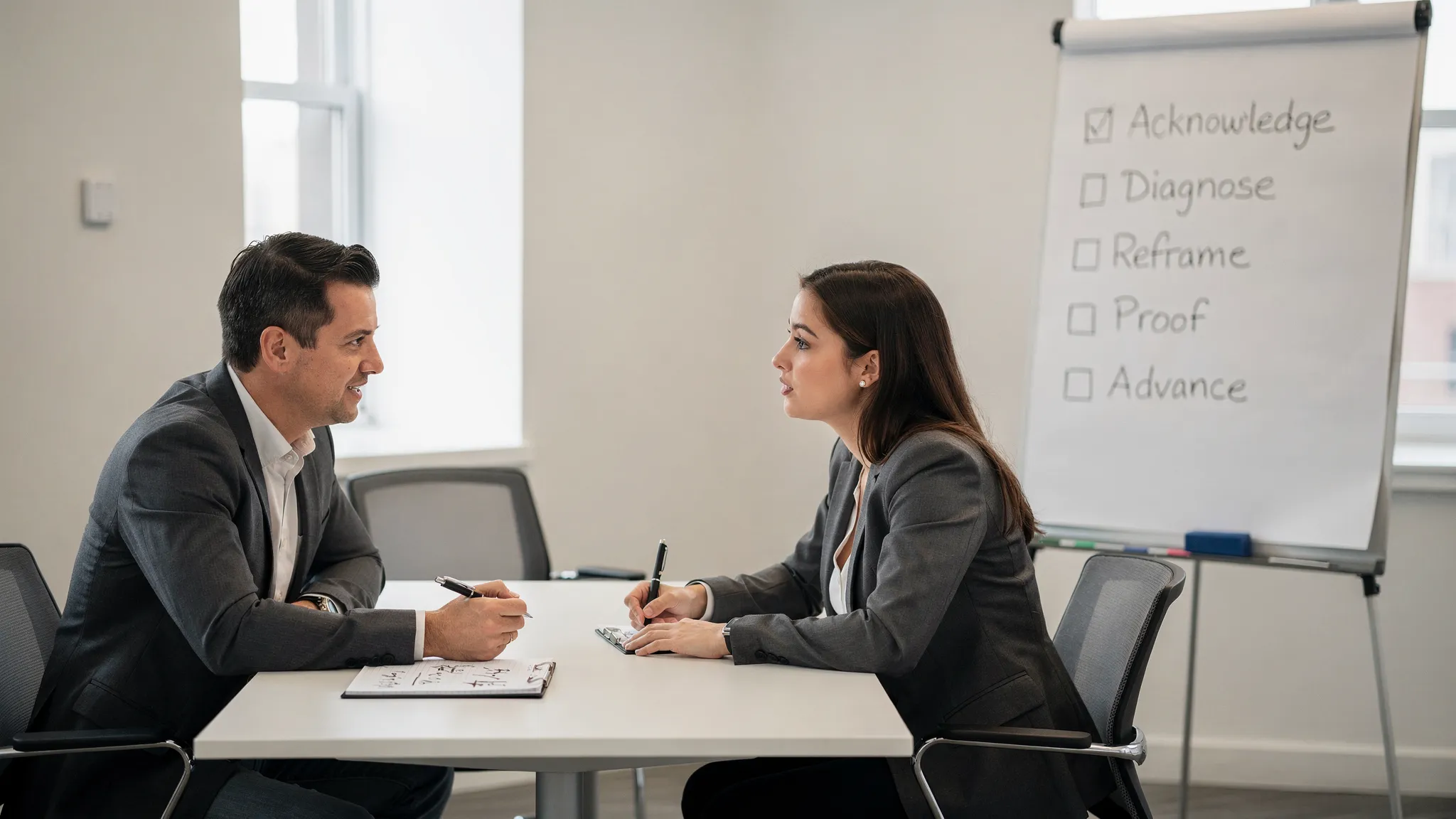 A sales rep practicing objection handling with a roleplay partner in a meeting room, with a simple rubric checklist on a whiteboard showing: Acknowledge, Diagnose, Reframe, Proof, Advance.