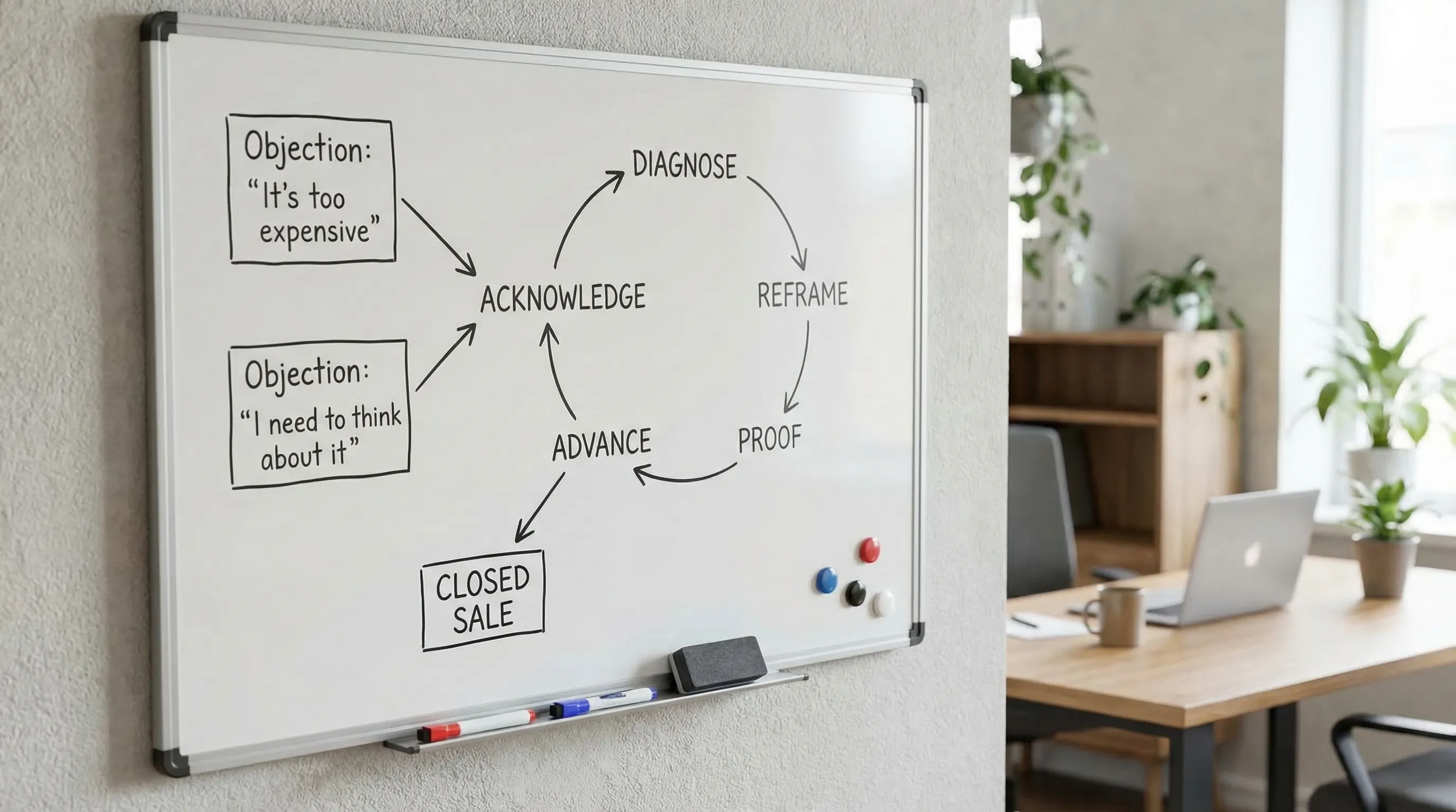 A simple flowchart showing an objection handling loop: Acknowledge -> Diagnose -> Reframe -> Proof -> Advance, with two example objections branching into the same loop.