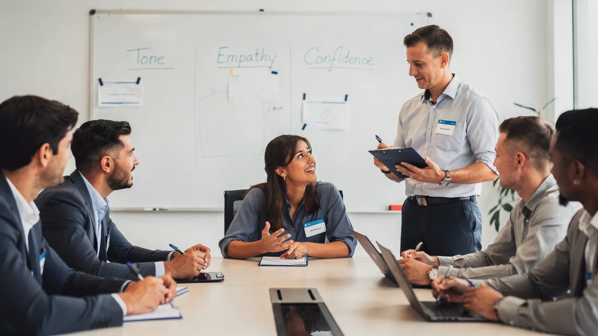 A customer service and sales training team practicing realistic conversation scenarios, with a coach observing tone, empathy, and confidence during a roleplay session.