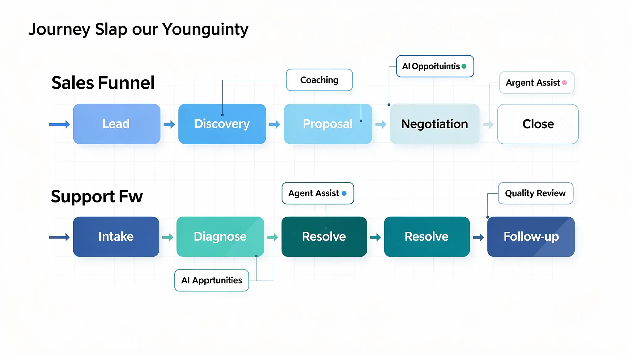 A simple journey map showing a sales funnel (lead, discovery, proposal, negotiation, close) and a support flow (intake, diagnose, resolve, follow-up), with highlighted “AI opportunities” such as coaching, agent assist, and quality review at key steps.