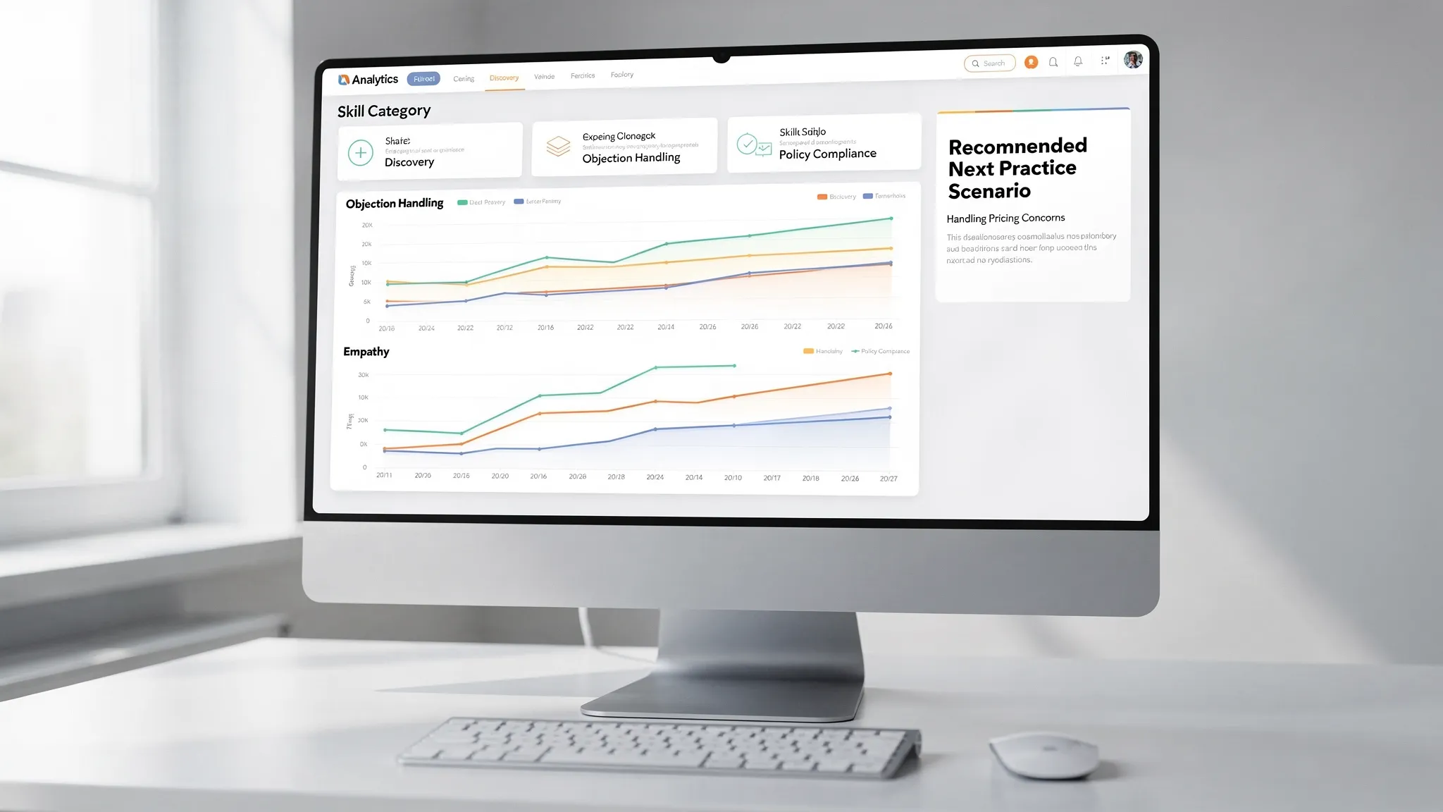 A clean analytics dashboard mockup showing skill categories (discovery, objection handling, empathy, policy compliance) with trend lines over time and a “recommended next practice scenario” card.