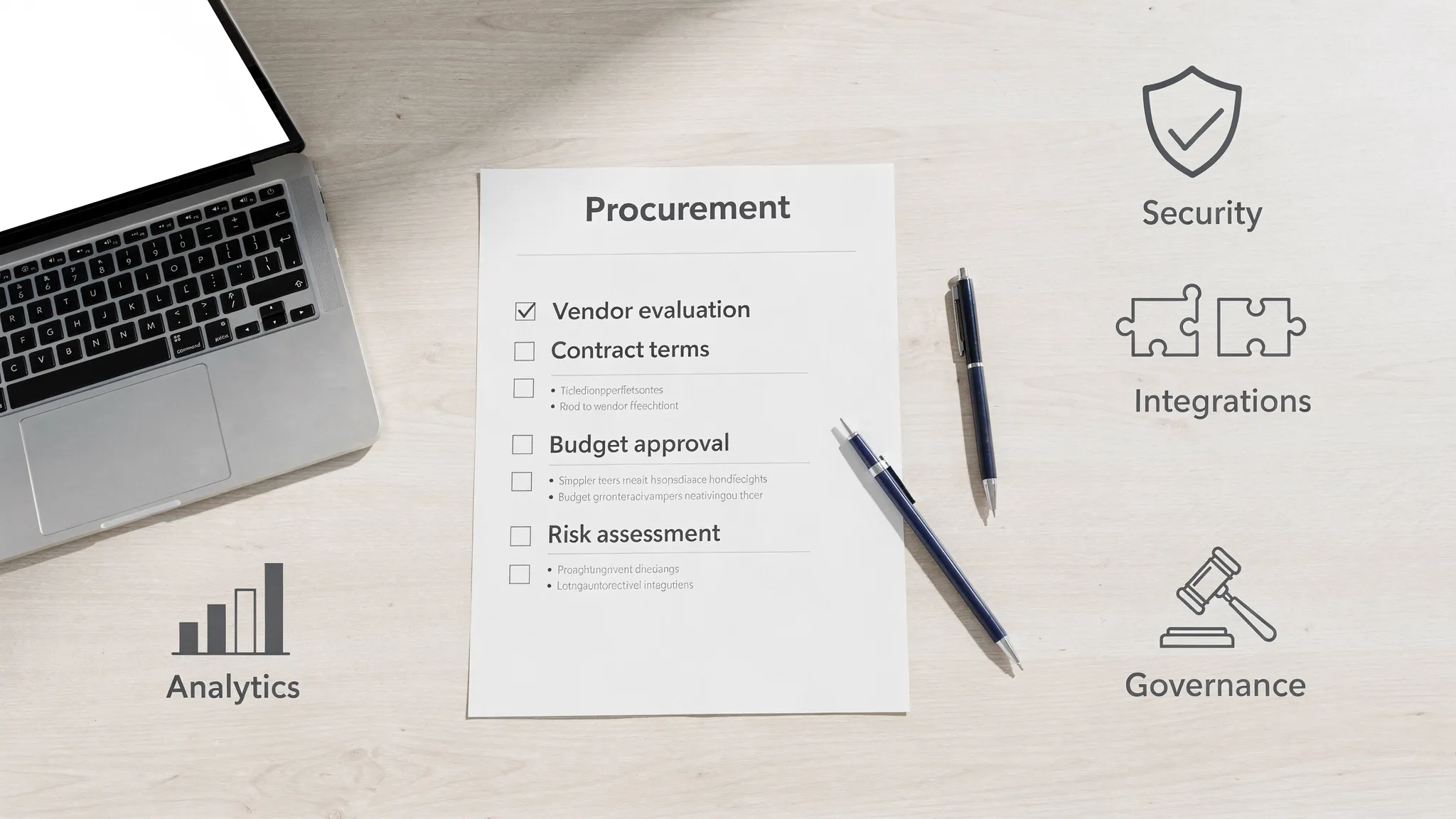 Procurement-style checklist on a desk with a laptop (screen facing the viewer and blank), a pen, and simple icons representing security, integrations, analytics, and governance.