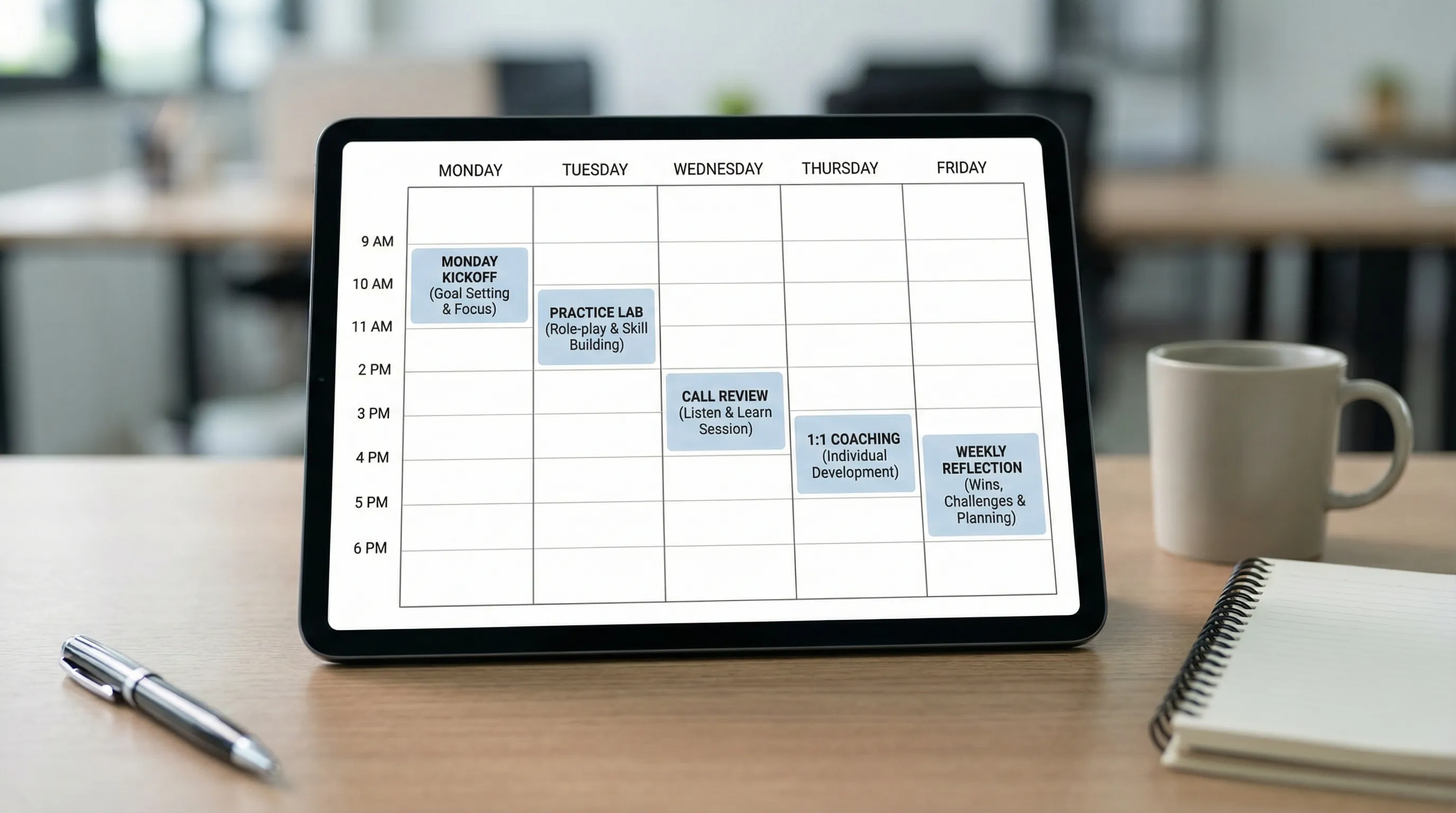 A simple weekly calendar view showing five short coaching rituals for a sales or support team, with labeled blocks for kickoff, practice lab, call review, 1:1 coaching, and weekly reflection.