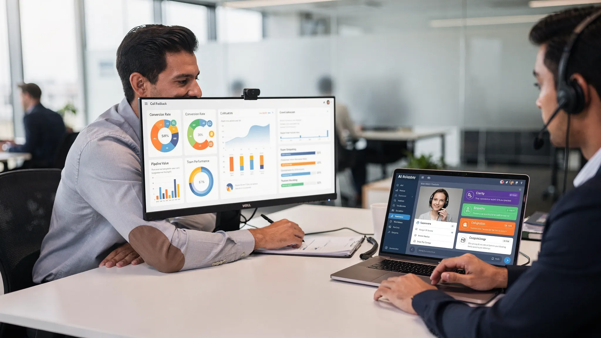 A sales manager reviewing a performance dashboard while a rep practices an AI roleplay simulation on a laptop, with visible call feedback highlights like clarity, empathy, and objection handling, in a modern office setting.