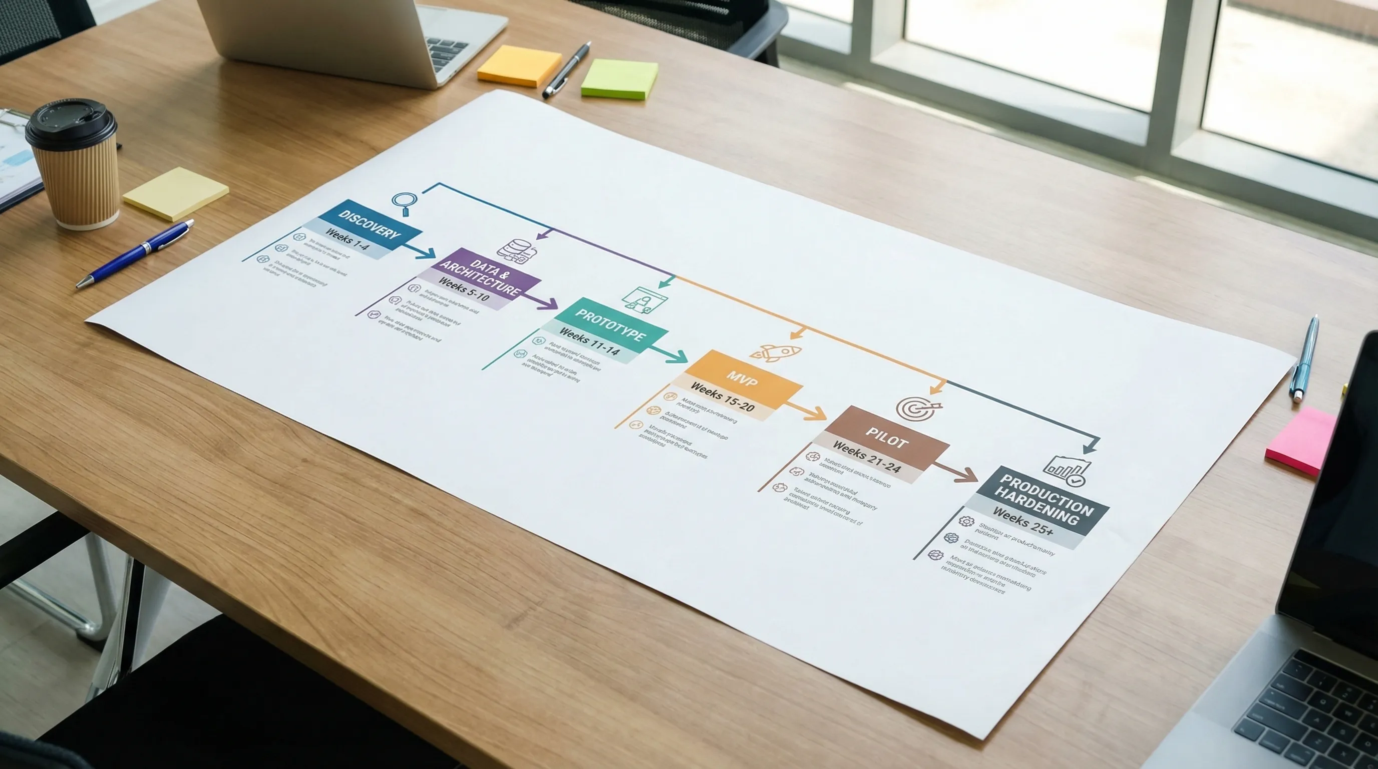 A horizontal roadmap showing phases of a custom AI project from left to right: Discovery, Data and Architecture, Prototype, MVP, Pilot, Production Hardening, with week ranges under each phase.