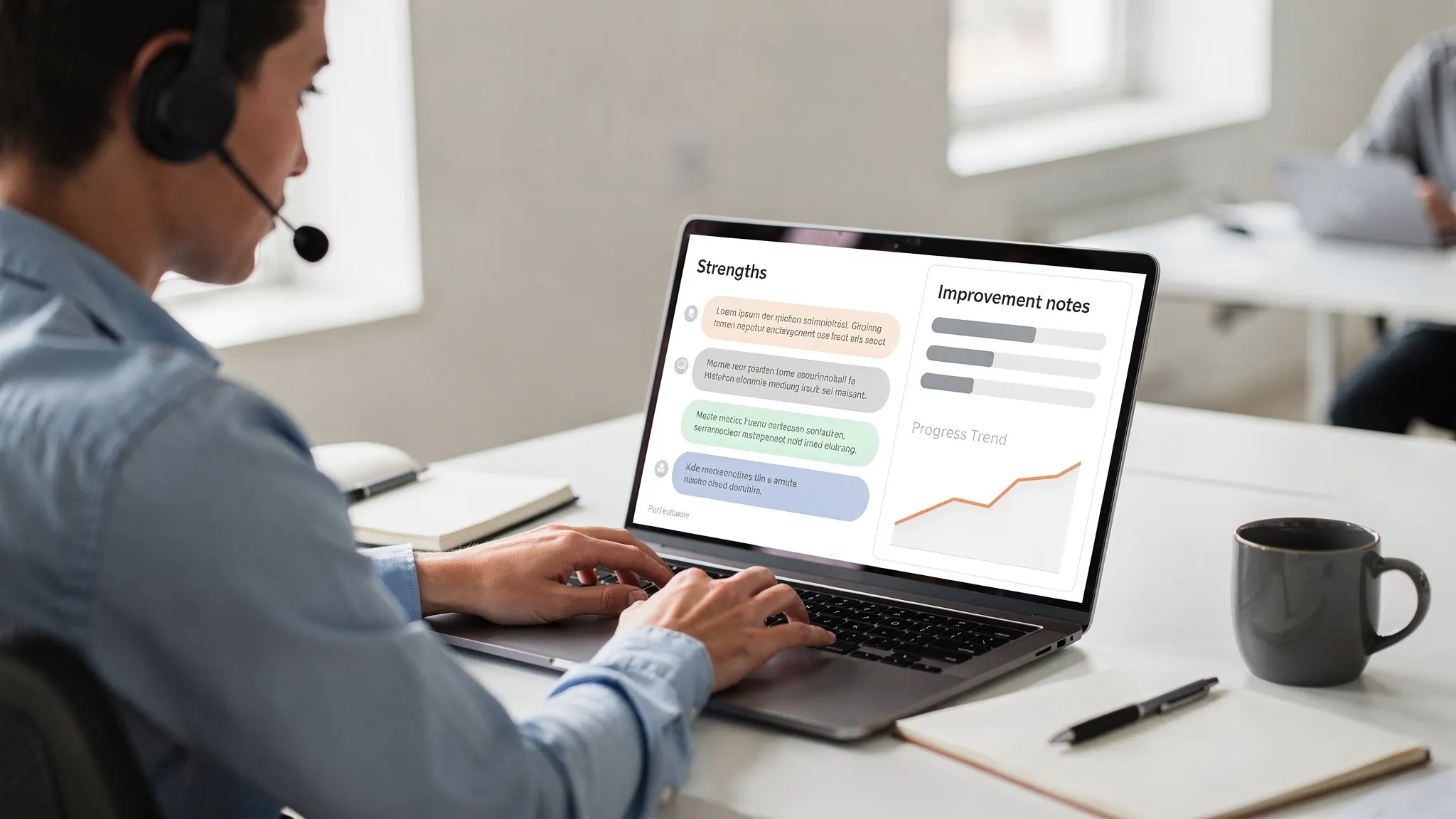 A training scene concept: a sales or support team member practicing a chat-based roleplay on a laptop, with a simple feedback panel showing strengths, improvement notes, and a progress trend line. The laptop screen is facing the viewer and shows generic, unreadable UI blocks (no real text).