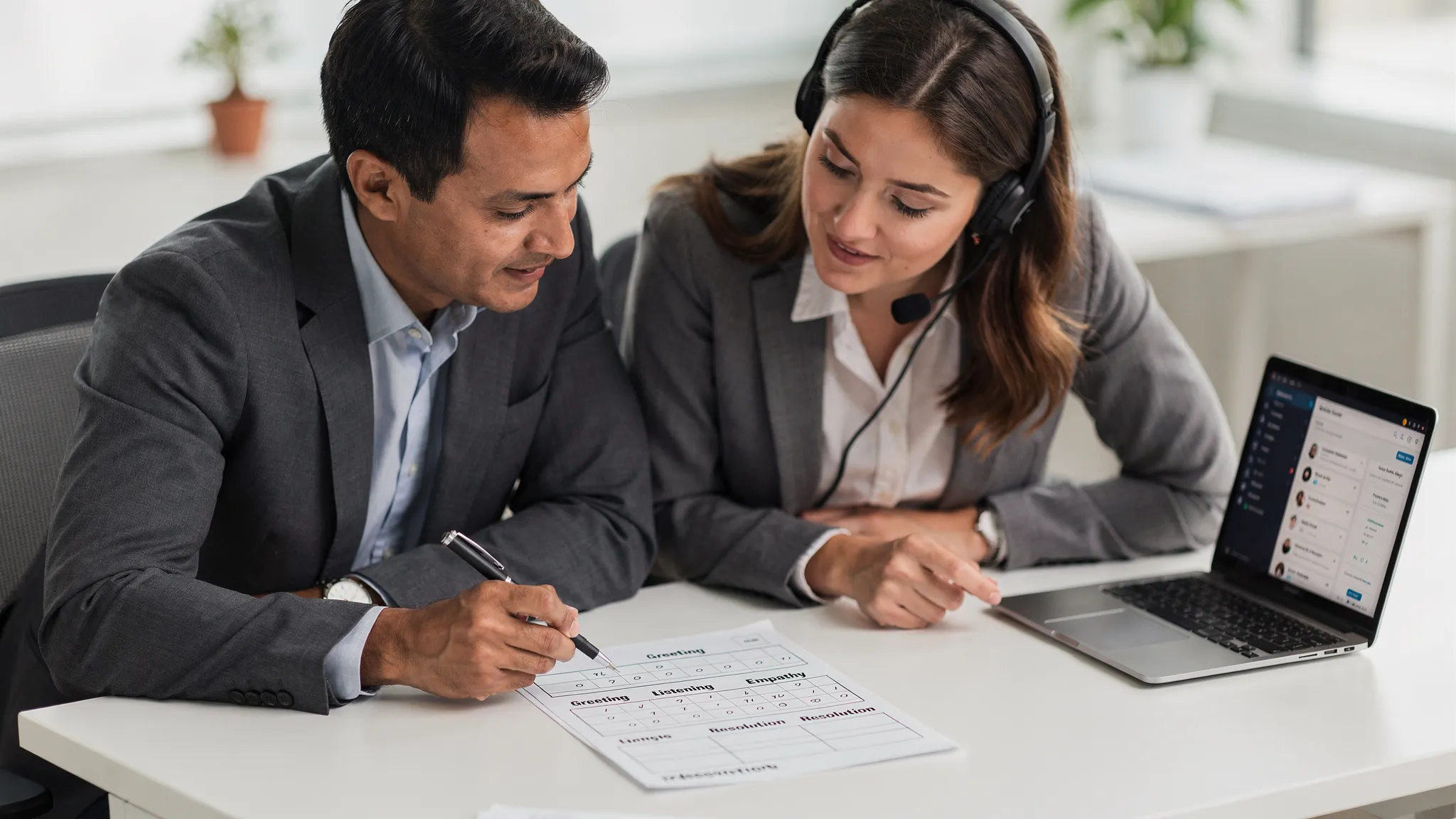 A training manager and a customer service rep reviewing a conversation scorecard together at a desk, with a simple rubric on paper and a supportive coaching posture.