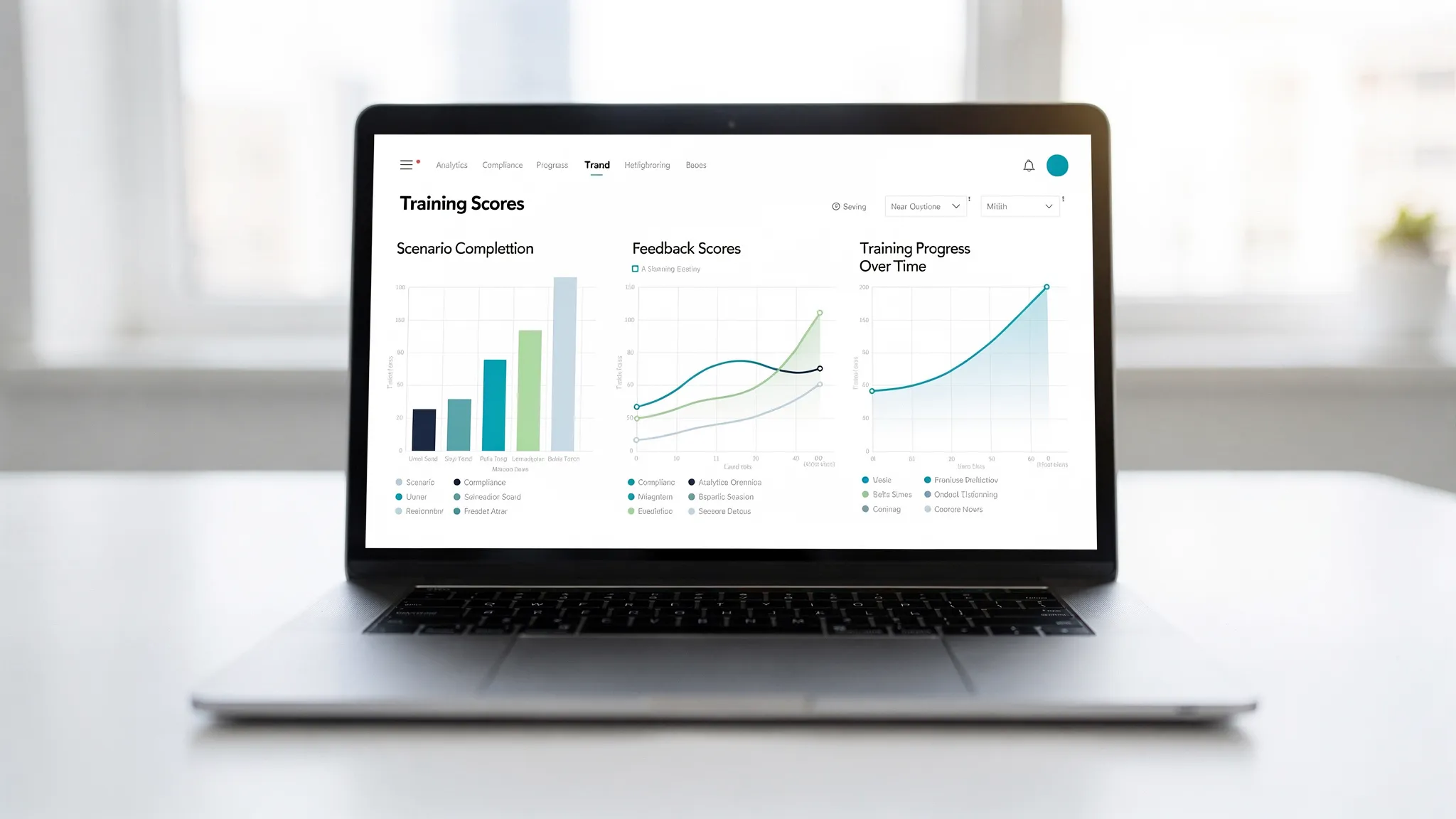 A simple analytics dashboard concept showing compliance training progress over time, with charts for scenario completion, feedback scores, and trend lines, displayed on a laptop screen facing the viewer.