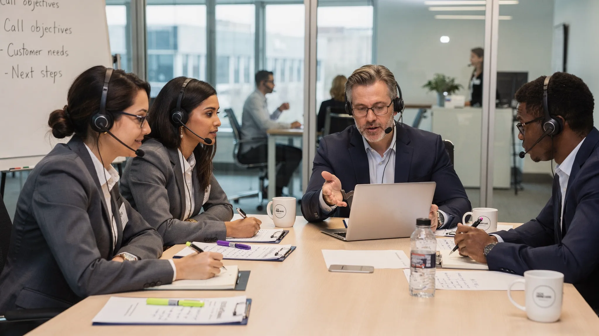 A sales manager and customer service team reviewing a call together in a modern training room, with notes, headsets, and a collaborative coaching atmosphere.