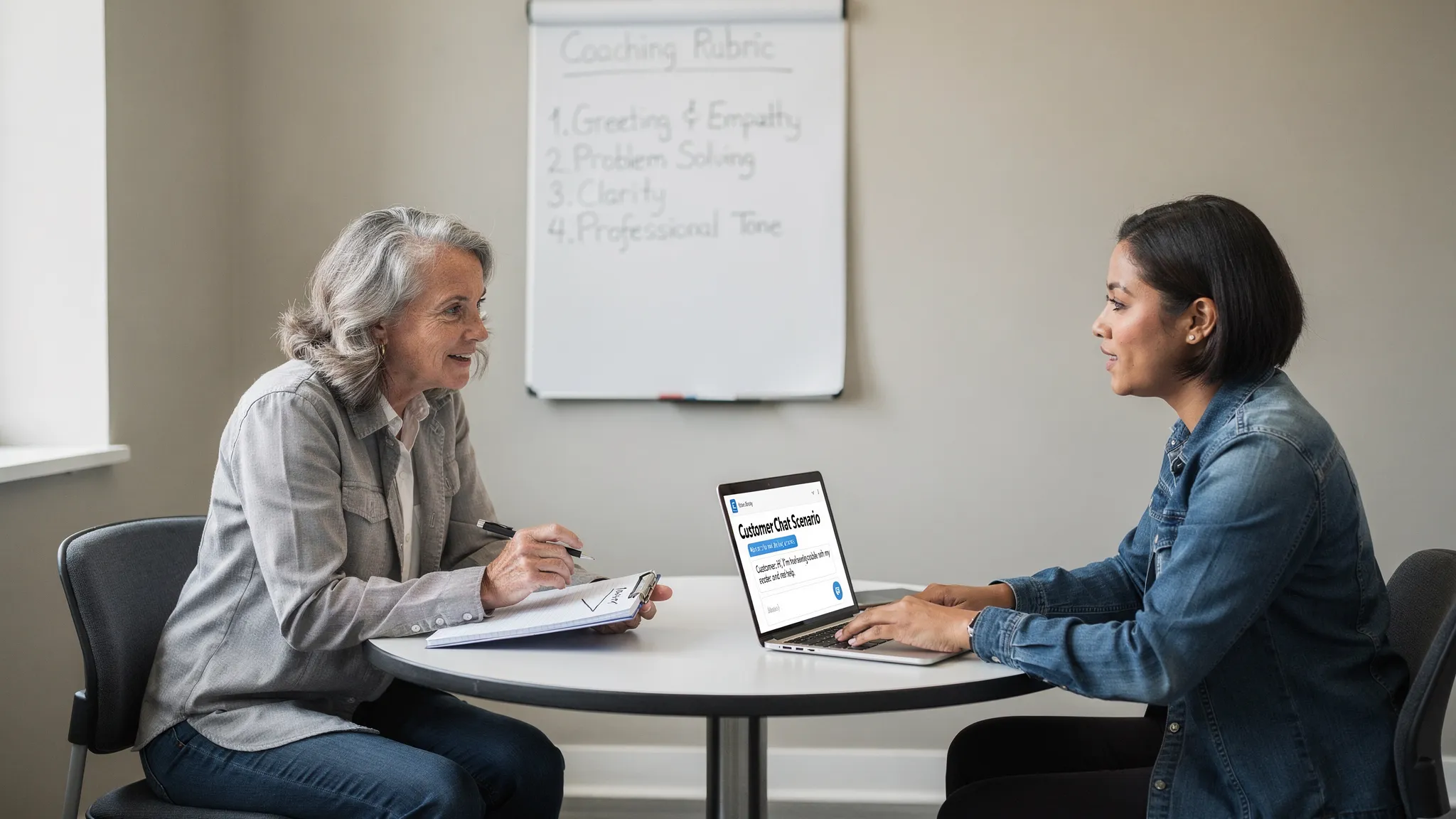 A customer support coach running a roleplay with an agent in a small meeting room, a simple scoring rubric on a whiteboard, and a laptop open facing the agent with a chat-style scenario prompt visible.