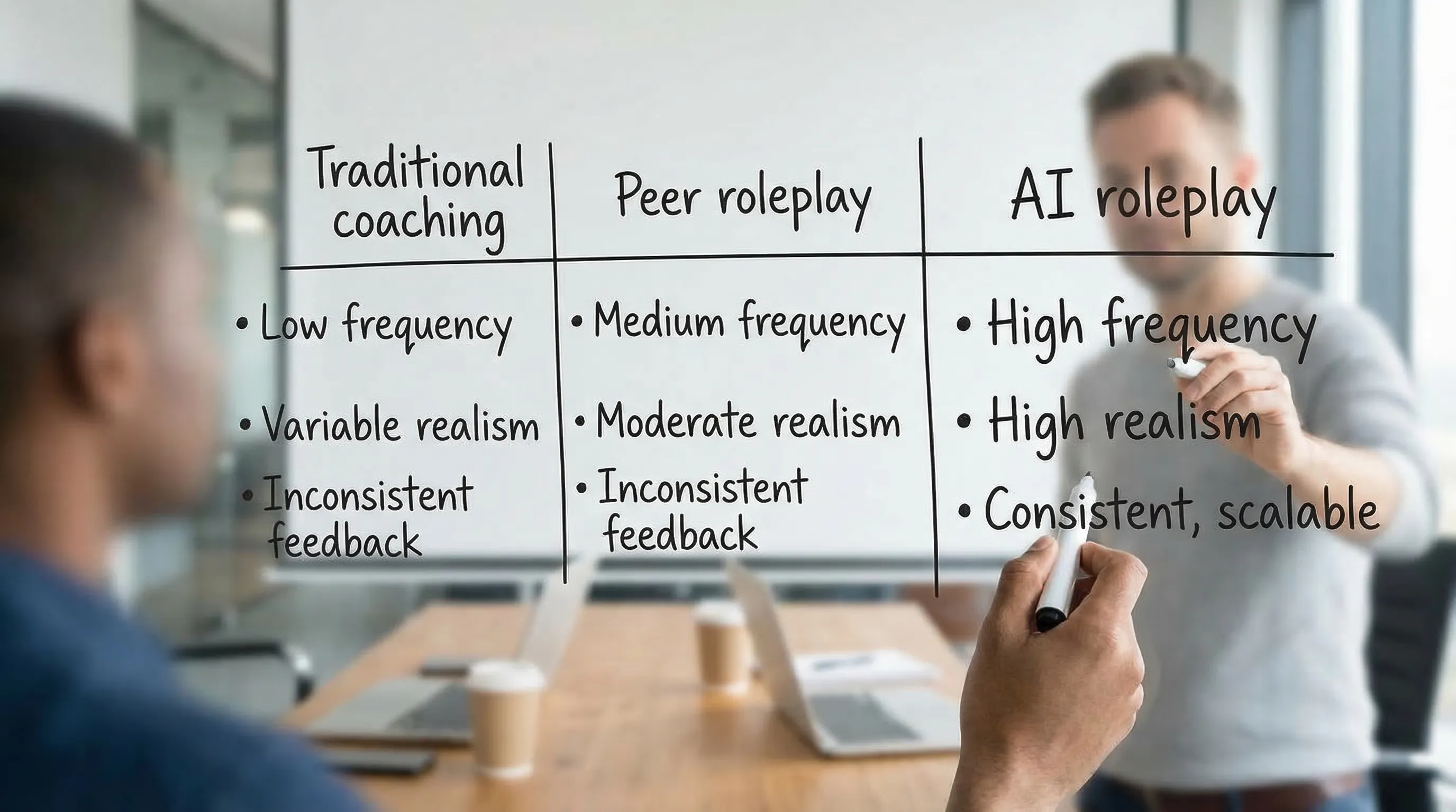 A simple comparison graphic showing three columns labeled “Traditional coaching,” “Peer roleplay,” and “AI roleplay,” with short notes like frequency, realism, and consistency to illustrate how AI practice scales.