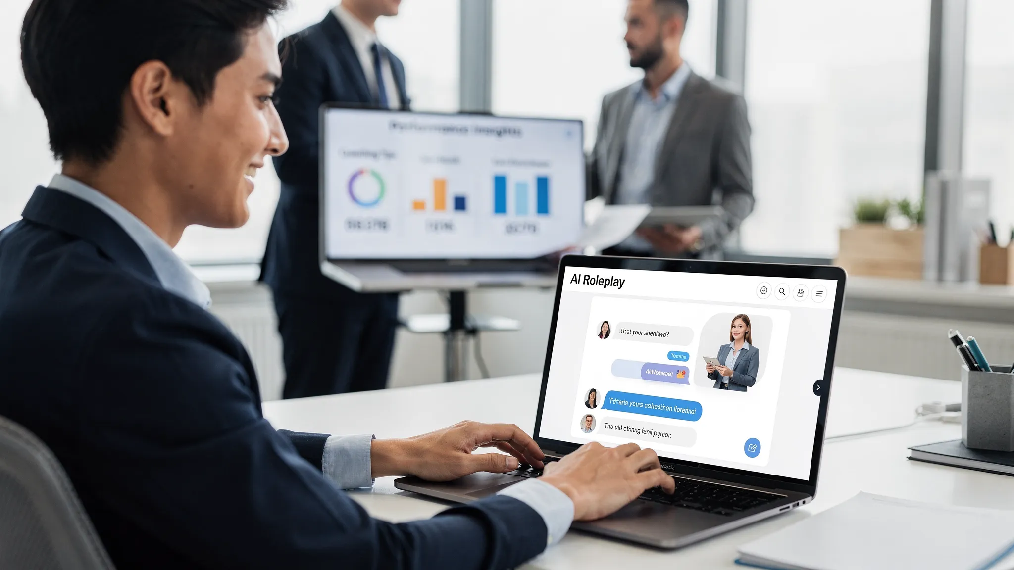 A sales representative practicing an AI roleplay conversation with a virtual customer while a manager reviews simple performance insights in the background. The computer screen faces the user and shows a clean training interface with feedback indicators.