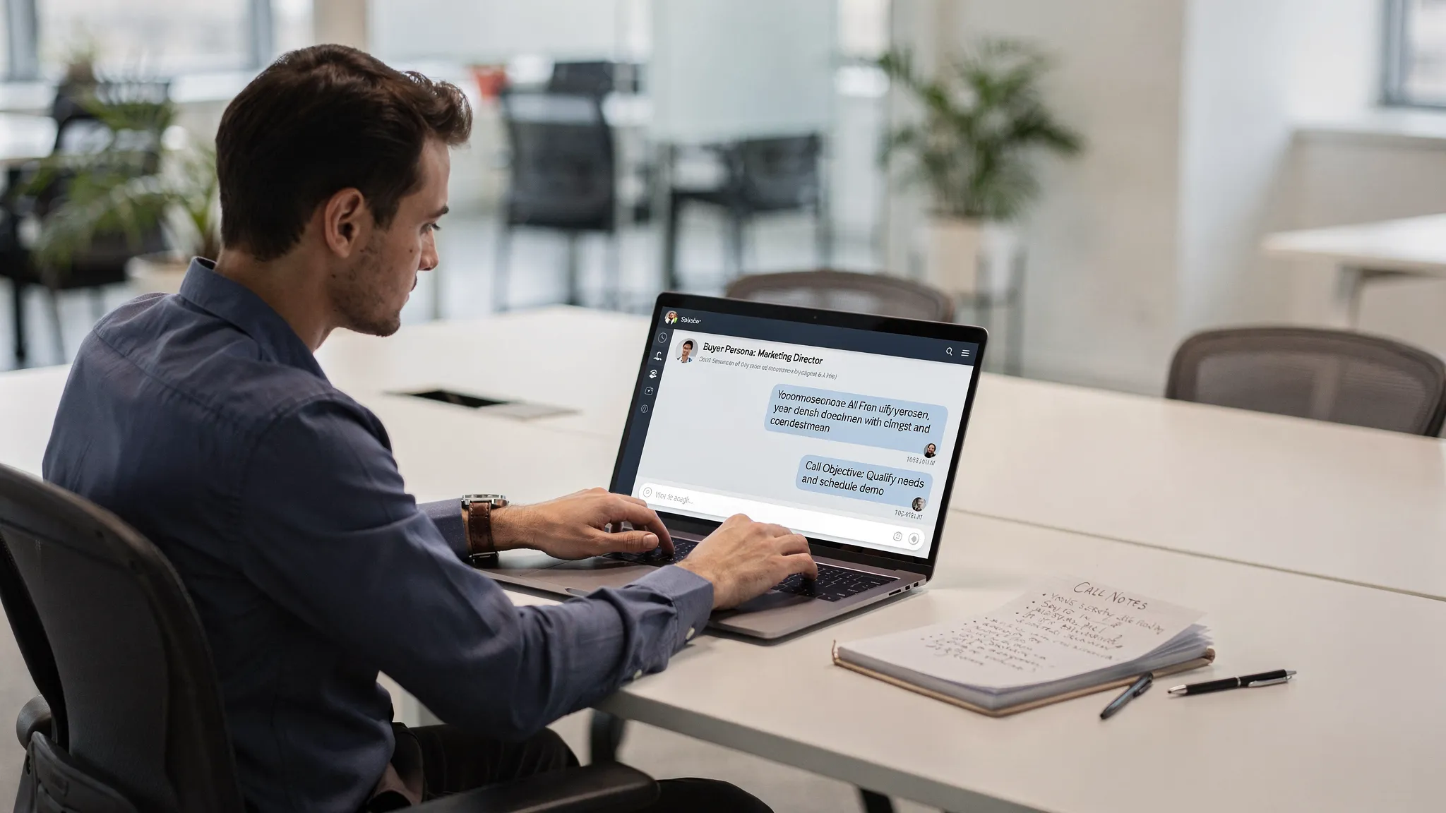 A sales rep practicing an AI roleplay on a laptop in a quiet office space, with a notepad beside them. The laptop screen shows a conversational chat interface with a buyer persona name and a call objective, and the rep appears focused and mid-response.