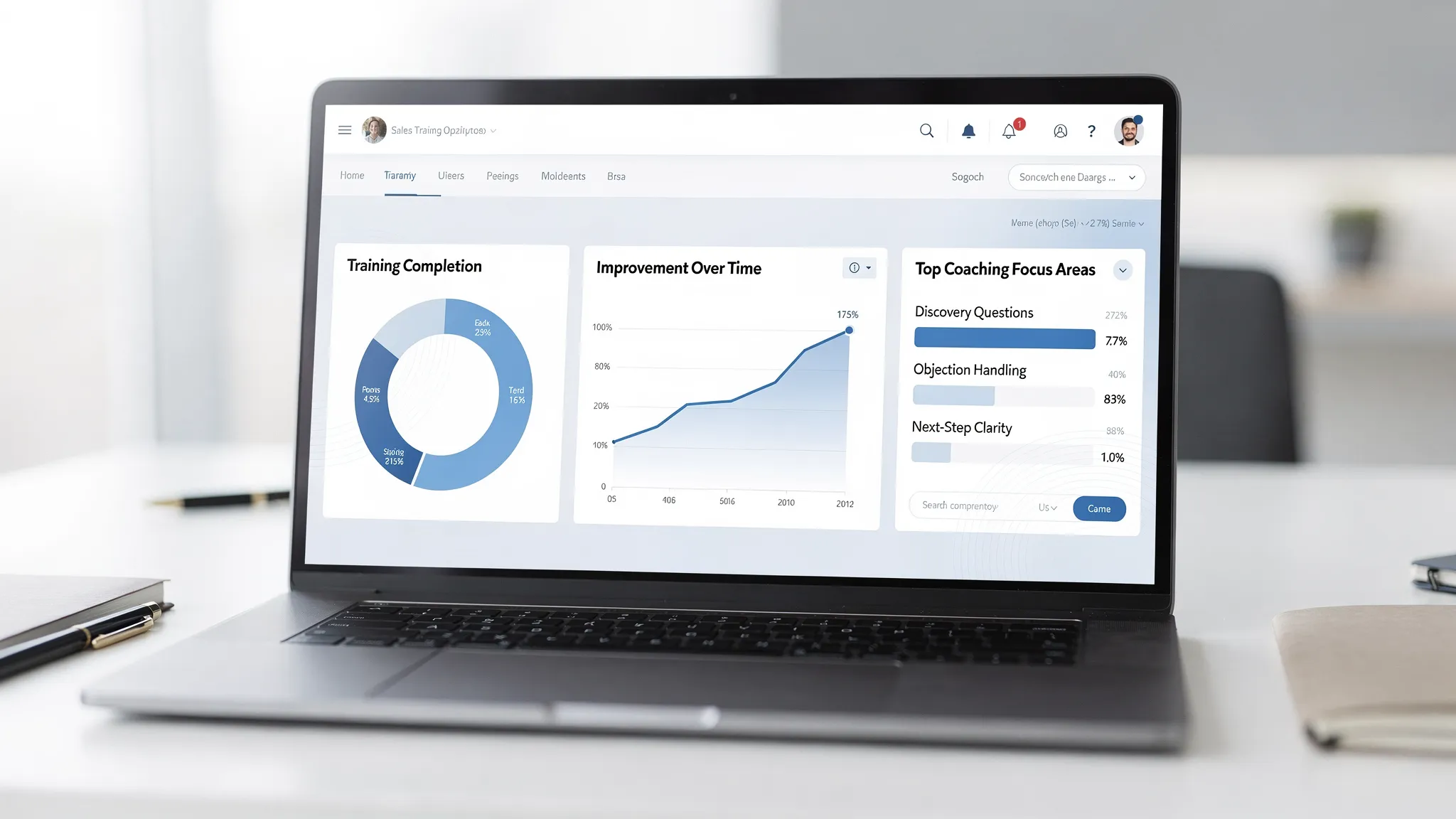 A simple dashboard-style illustration showing training progress for a sales team: completion rates, improvement over time, and top coaching focus areas like discovery questions, objection handling, and next-step clarity. The graphic is clean and business-oriented.