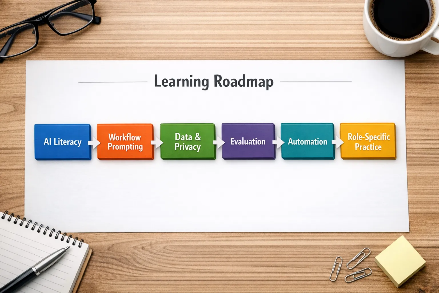 A simple learning roadmap diagram with six connected blocks showing the order: AI literacy, workflow prompting, data and privacy, evaluation, automation, role-specific practice.