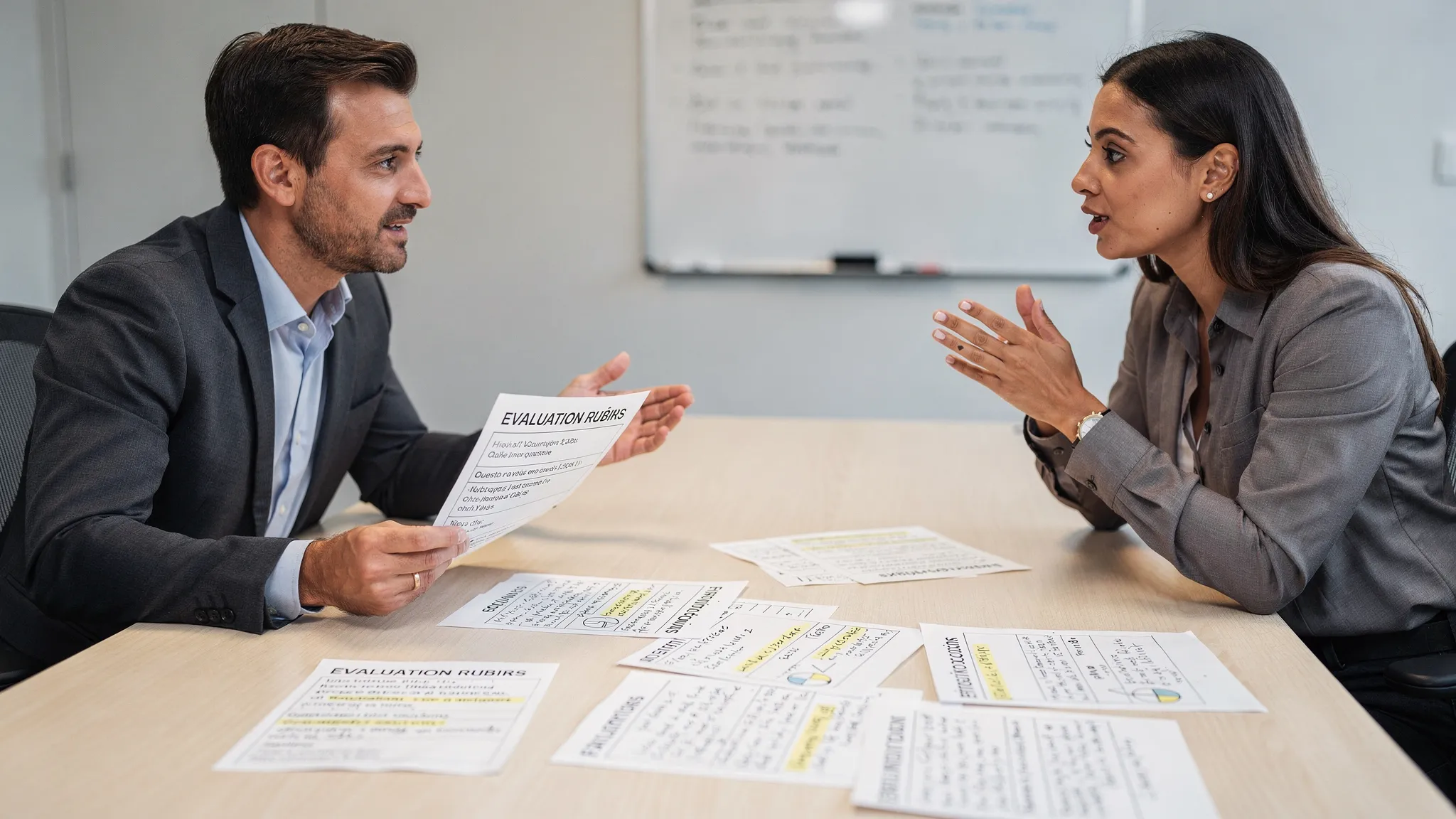 A customer support and sales training scene showing a manager reviewing a rubric while a learner practices a roleplay conversation, with visible coaching notes on paper (no screens visible).