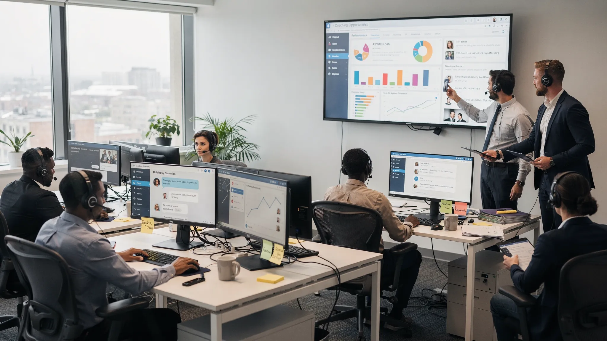 A customer support manager reviews team coaching insights while agents practice conversations with AI roleplay simulations and handle customer requests in a collaborative workspace.