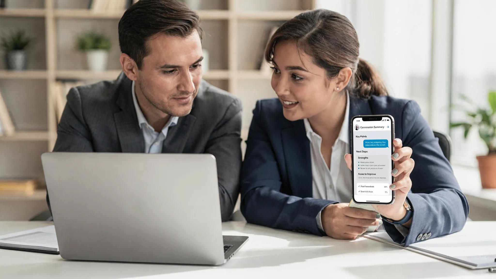 A manager and a sales rep in a coaching session reviewing a conversation summary on a laptop (screen facing the viewer), then the rep practicing a roleplay scenario with an AI assistant on a phone, showing a feedback panel with strengths and improvement areas.