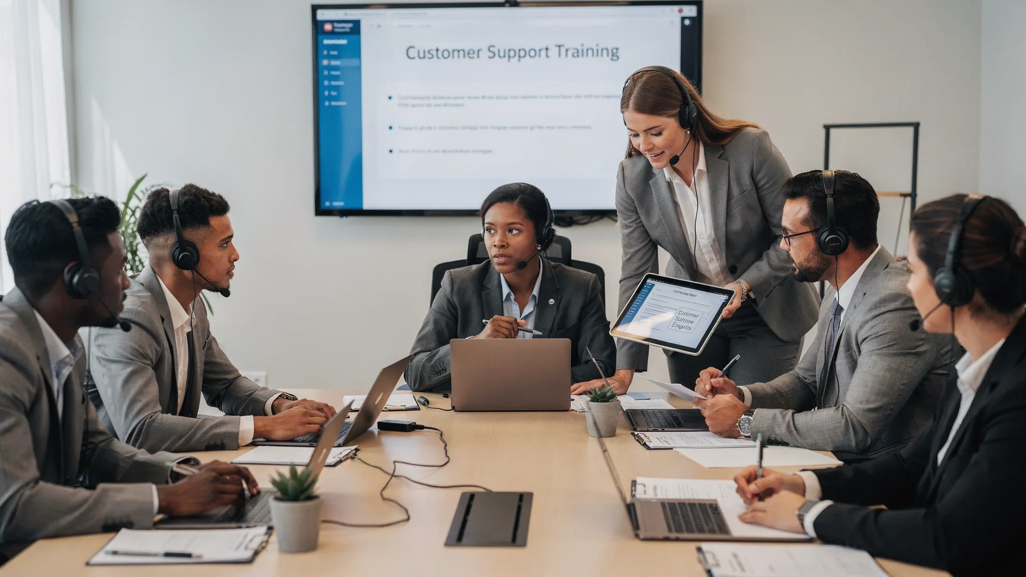 A customer service team practicing realistic support conversations in a training environment, with one person roleplaying a customer issue and others observing coaching notes.