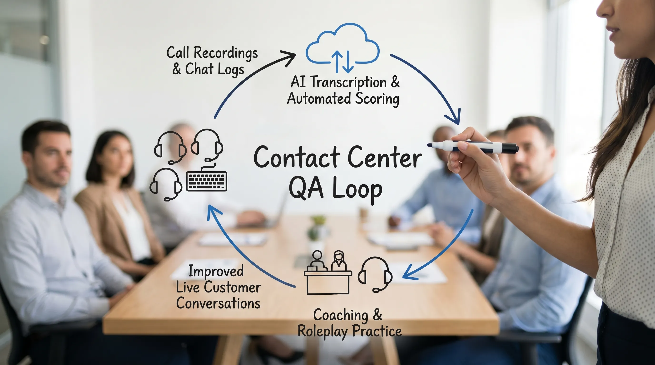 A simple contact center QA loop diagram showing call recordings and chat logs flowing into AI transcription and automated scoring, then into coaching and roleplay practice, and finally back into improved live customer conversations.
