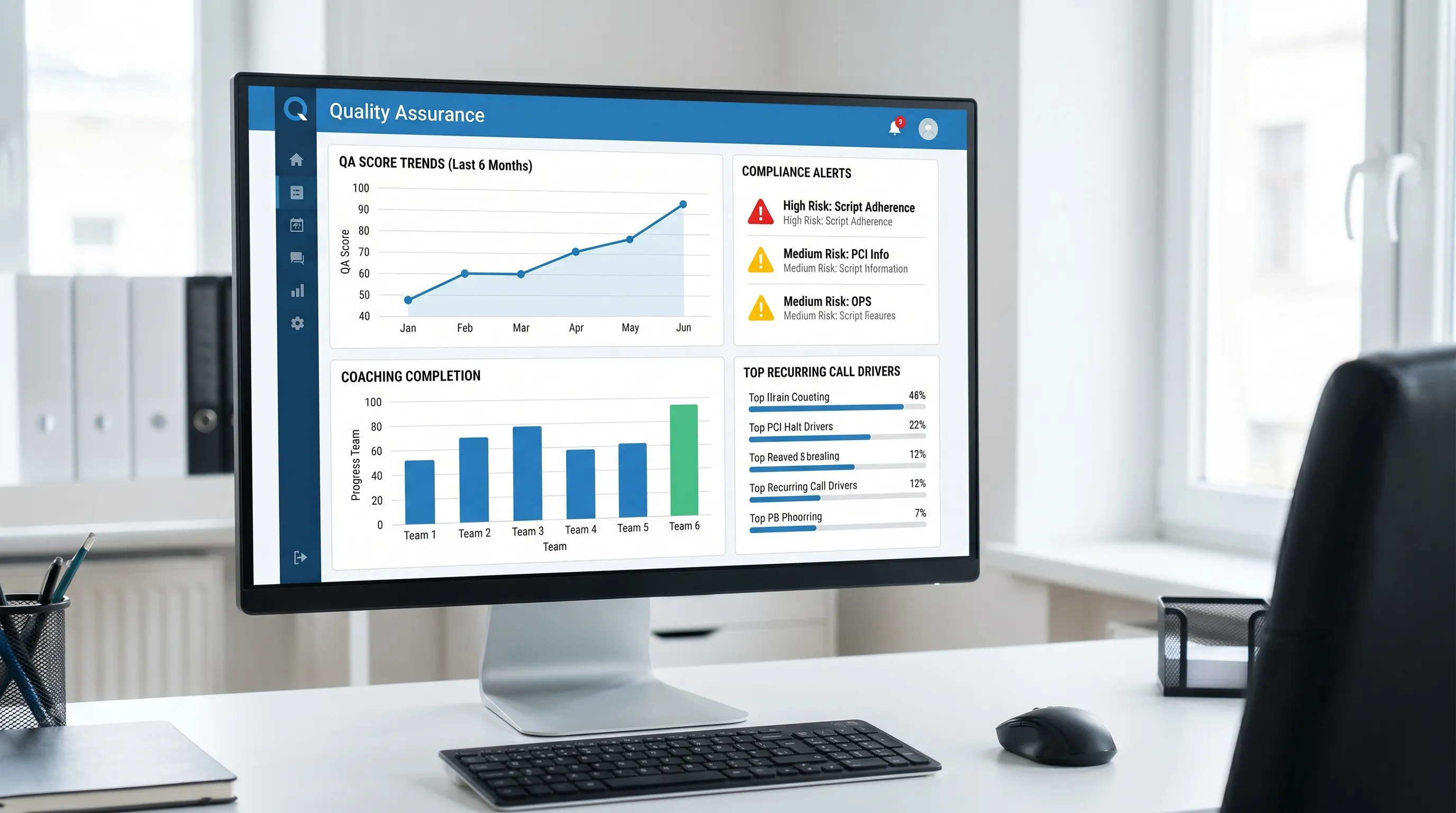 A clean QA dashboard concept with charts for QA score trends, compliance alerts, coaching completion, and top recurring call drivers, shown on a desktop monitor facing the viewer.