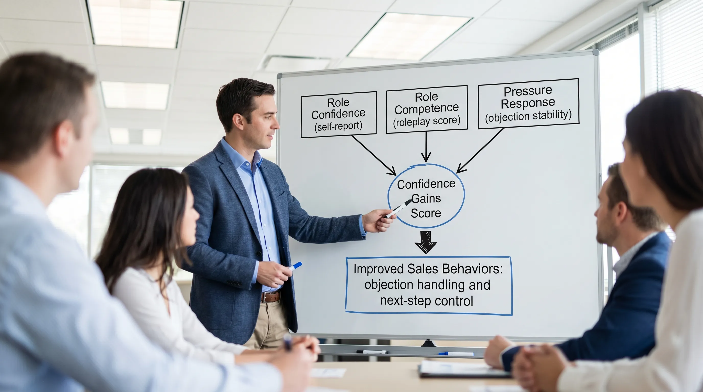 A simple diagram showing three inputs, Role Confidence (self-report), Role Competence (roleplay score), and Pressure Response (objection stability), feeding into a single Confidence Gains Score, with an arrow pointing to improved sales behaviors like objection handling and next-step control.
