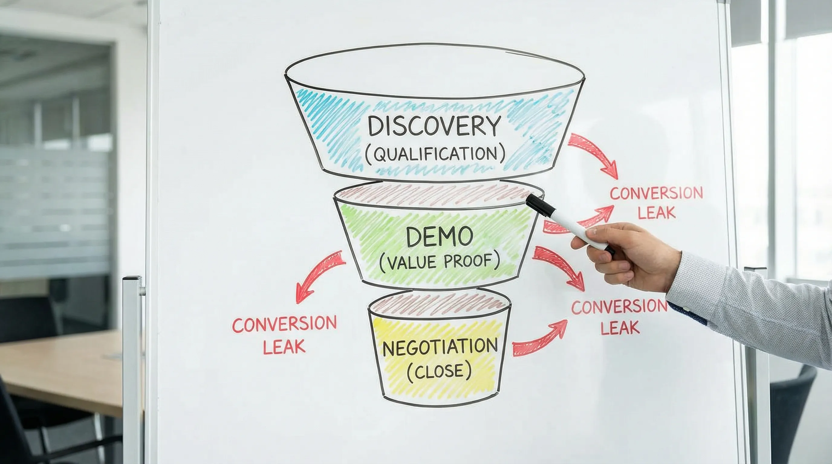 A simple sales funnel with three highlighted training levers: discovery at the top (qualification), demo in the middle (value proof), and negotiation at the bottom (close), with arrows showing where conversion leaks can occur.