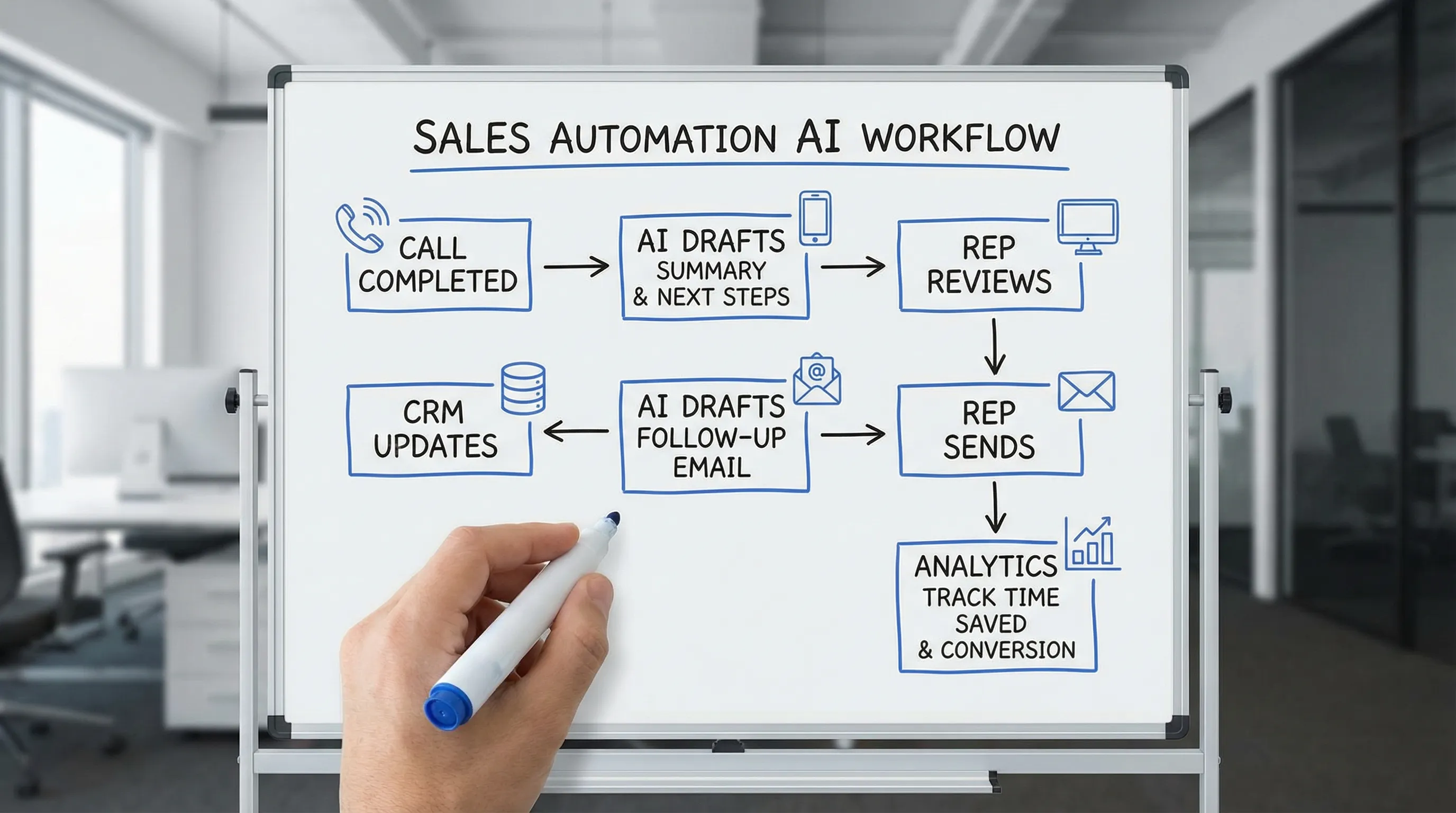 A simple diagram showing a rep-friendly sales automation AI workflow: call completed, AI drafts summary and next steps, rep reviews, CRM updates, AI drafts follow-up email, rep sends, analytics track time saved and conversion.