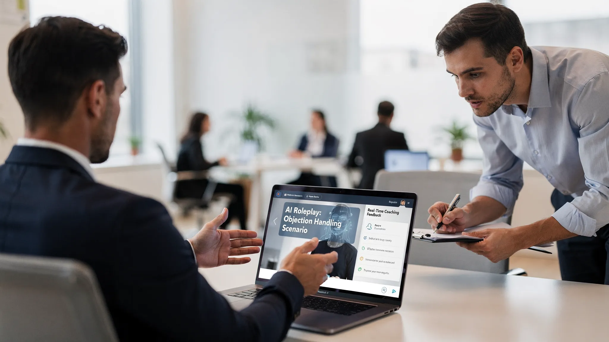 A sales team training session concept showing a rep speaking while an AI roleplay prompt and feedback appear on a laptop screen facing the rep, with a manager reviewing notes beside them.