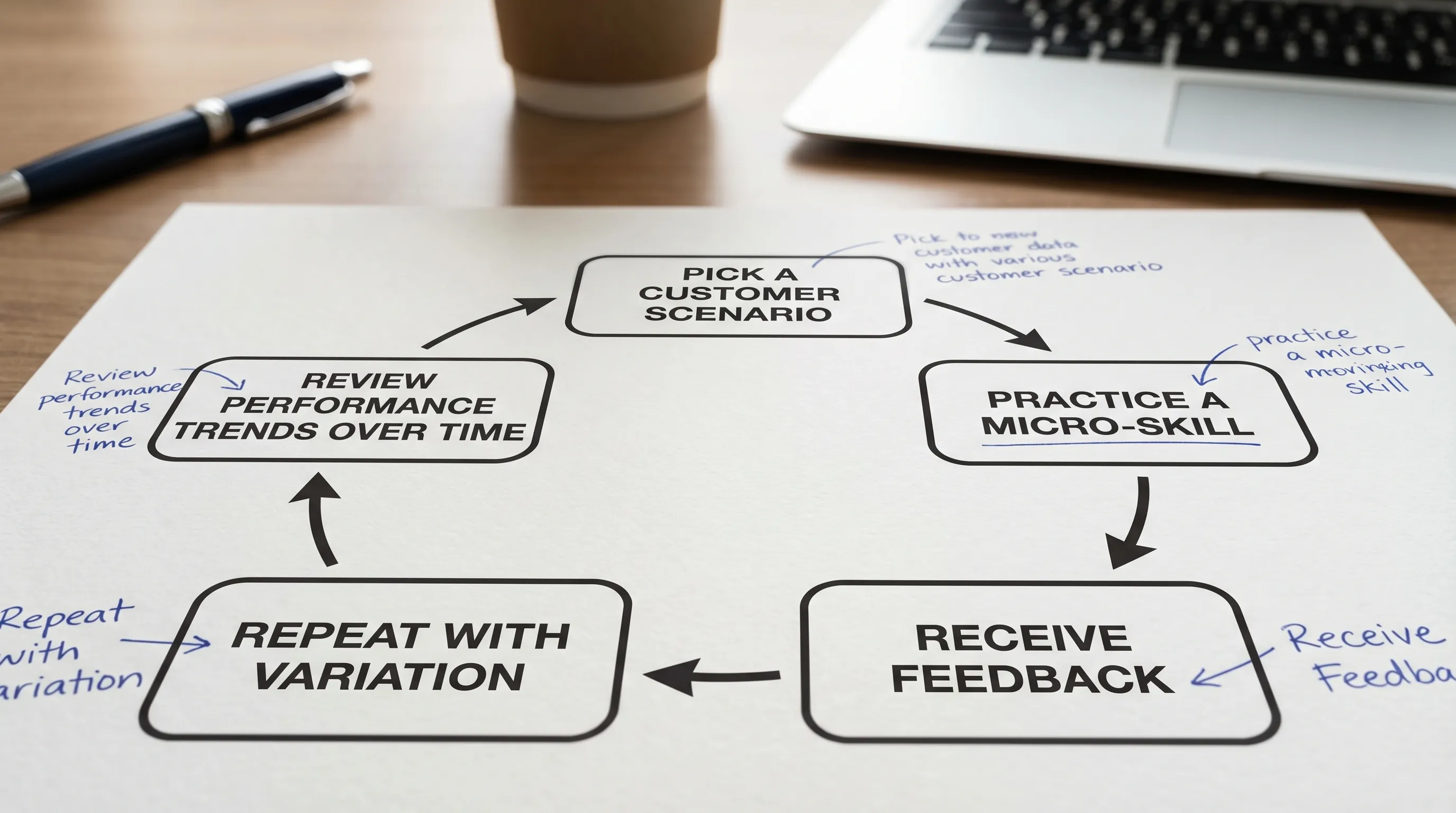 A simple training flow diagram showing five steps in a loop: pick a customer scenario, practice a micro-skill, receive feedback, repeat with variation, and review performance trends over time.