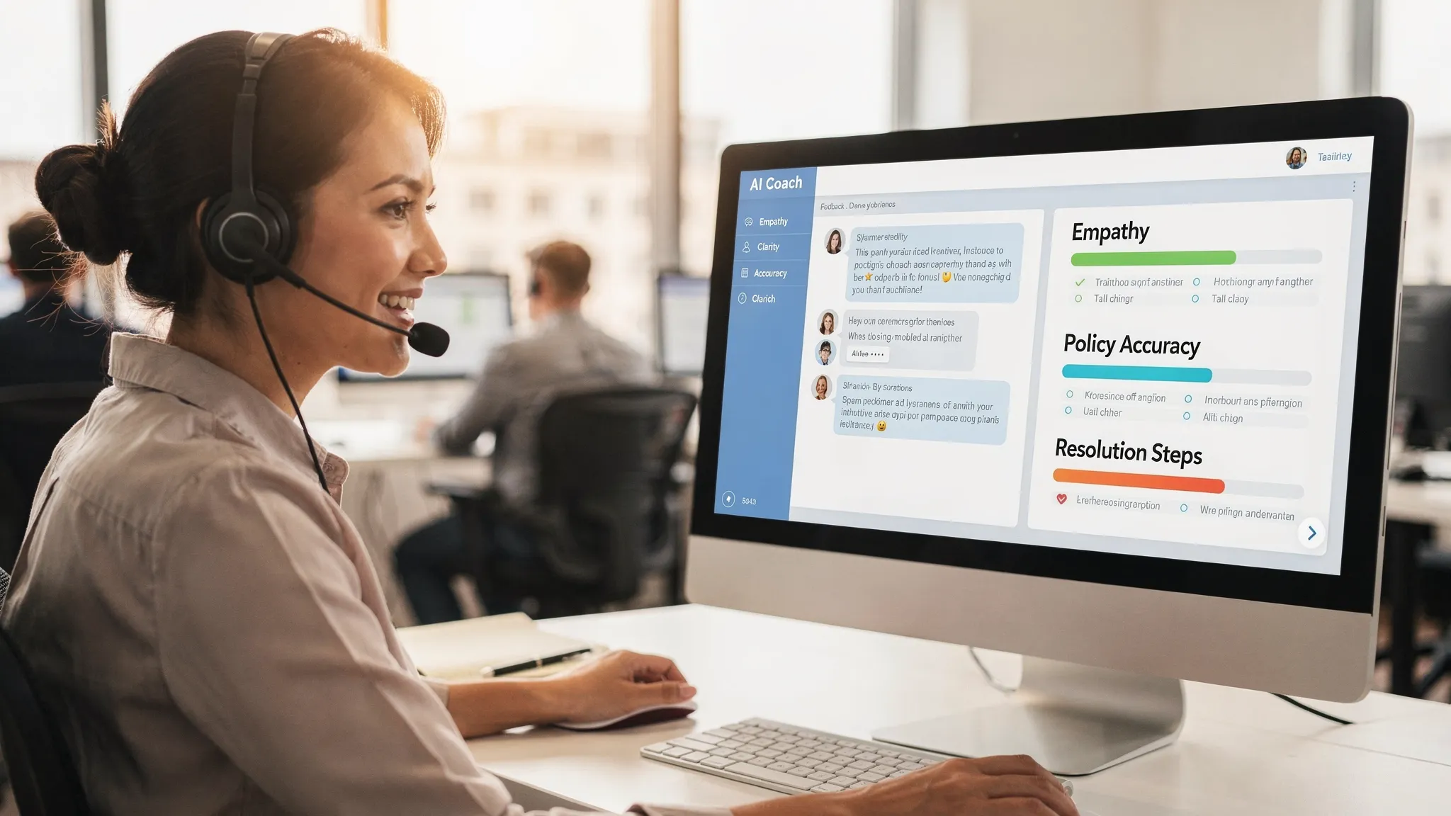 A training scene showing a customer support agent practicing a roleplay conversation with an AI coach, with a feedback panel highlighting empathy, clarity, policy accuracy, and resolution steps.