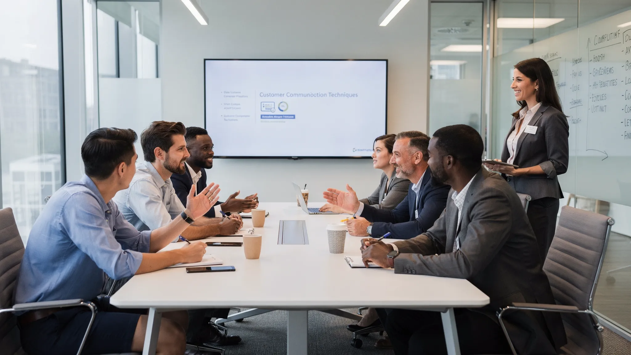 A customer service team practicing roleplay scenarios together in a modern training room, with a facilitator observing and team members discussing communication techniques.