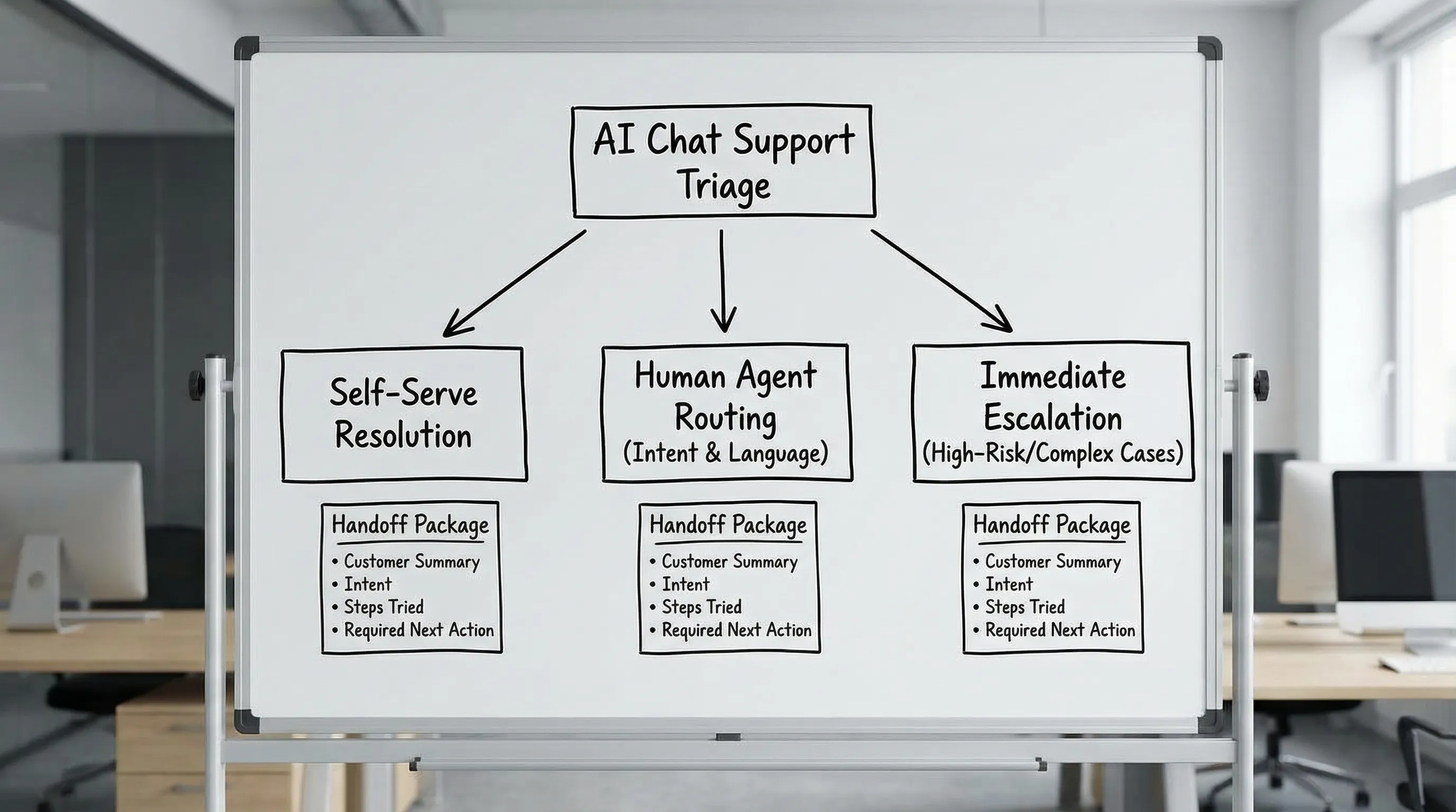 A simple flowchart showing AI chat support triage leading to three paths: self-serve resolution, human agent routing by intent and language, and immediate escalation for high-risk or complex cases. Each path includes a “handoff package” box with customer summary, intent, steps tried, and required next action.