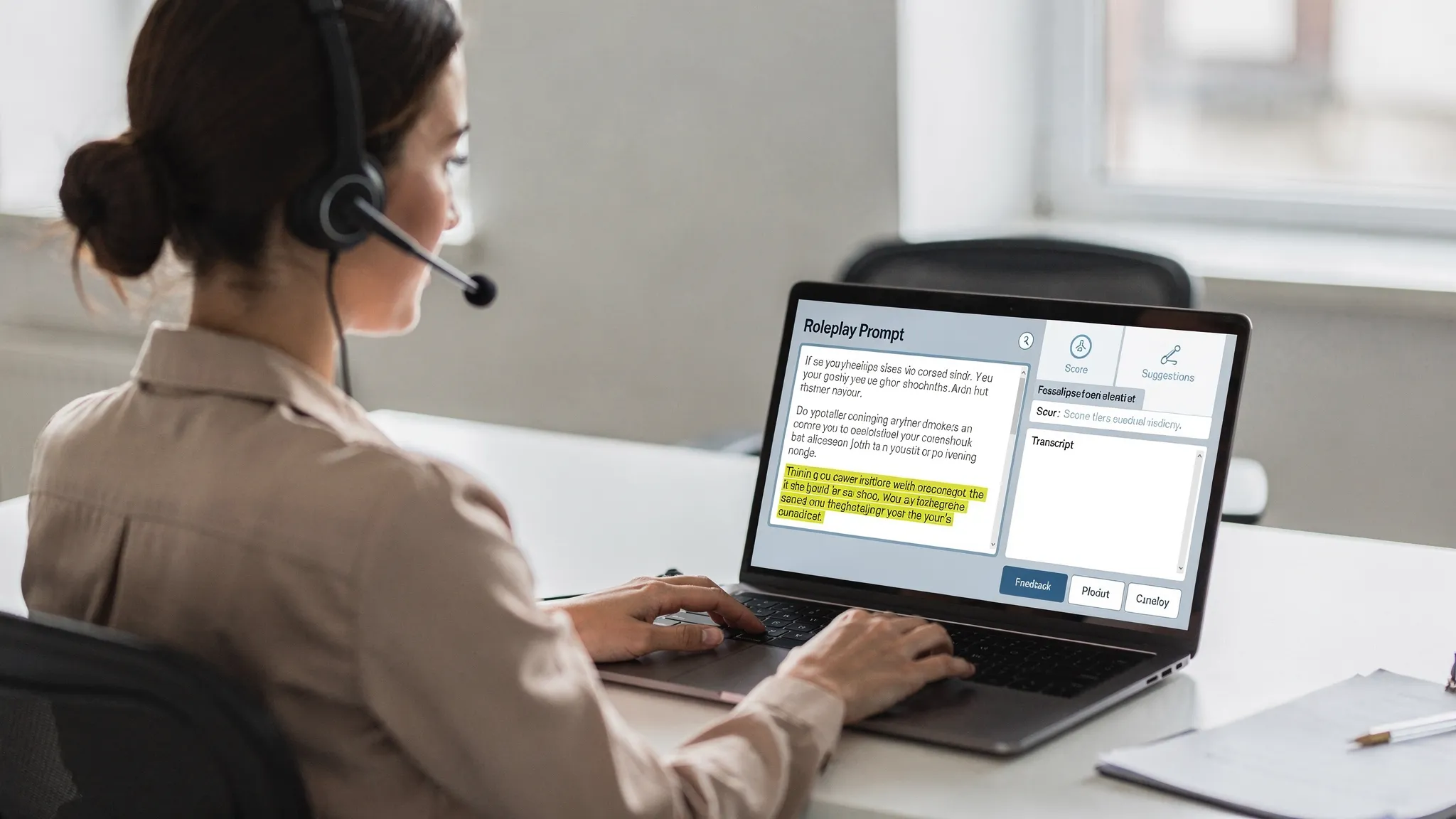 A sales or customer service rep practicing an AI roleplay scenario on a laptop, with a clear prompt on the left and real-time feedback highlights on the right. The screen is facing the viewer and shows no brand logos, only generic UI elements like score, suggestions, and a transcript.