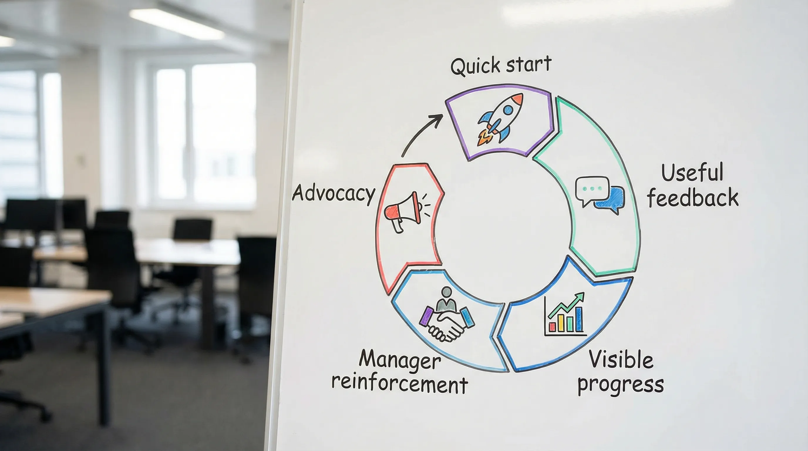 A simple circular diagram with five labeled steps: Quick start, Useful feedback, Visible progress, Manager reinforcement, Advocacy. Each step has a small icon and arrows connecting the loop.